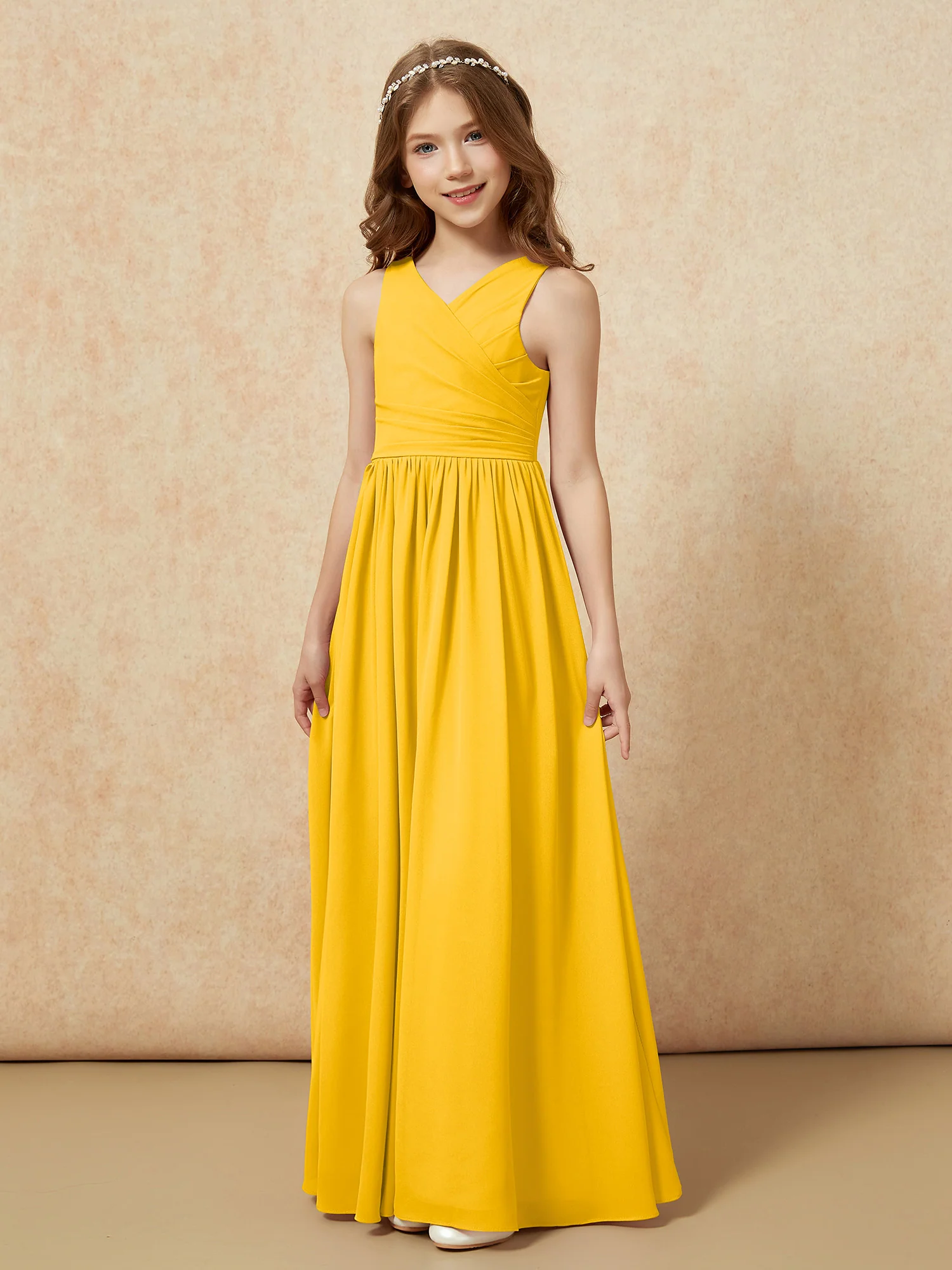 Pleated V-neck Chiffon Long Junior Bridesmaid Dresses Marigold - Image 3