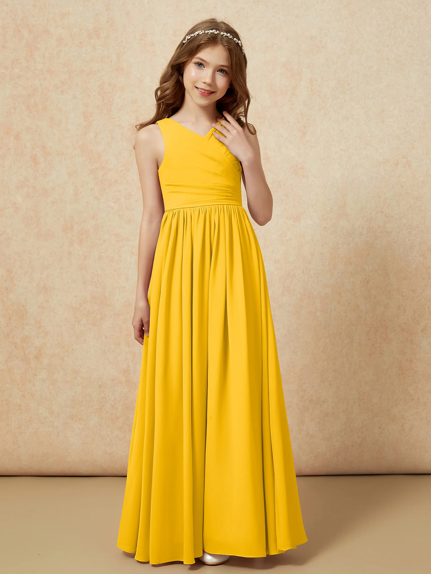 Pleated V-neck Chiffon Long Junior Bridesmaid Dresses Marigold - Image 5