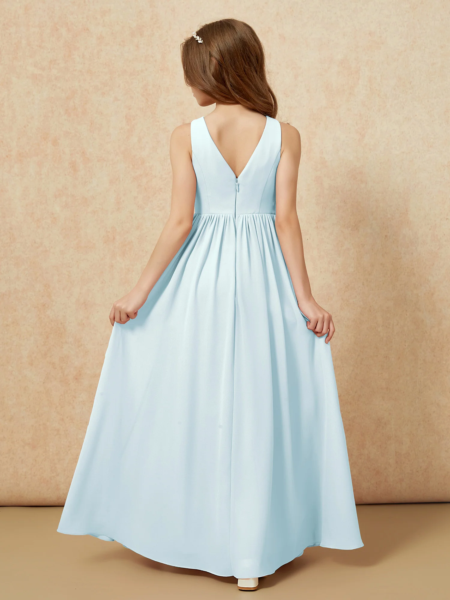 Pleated V-neck Chiffon Long Junior Bridesmaid Dresses Mist - Image 2