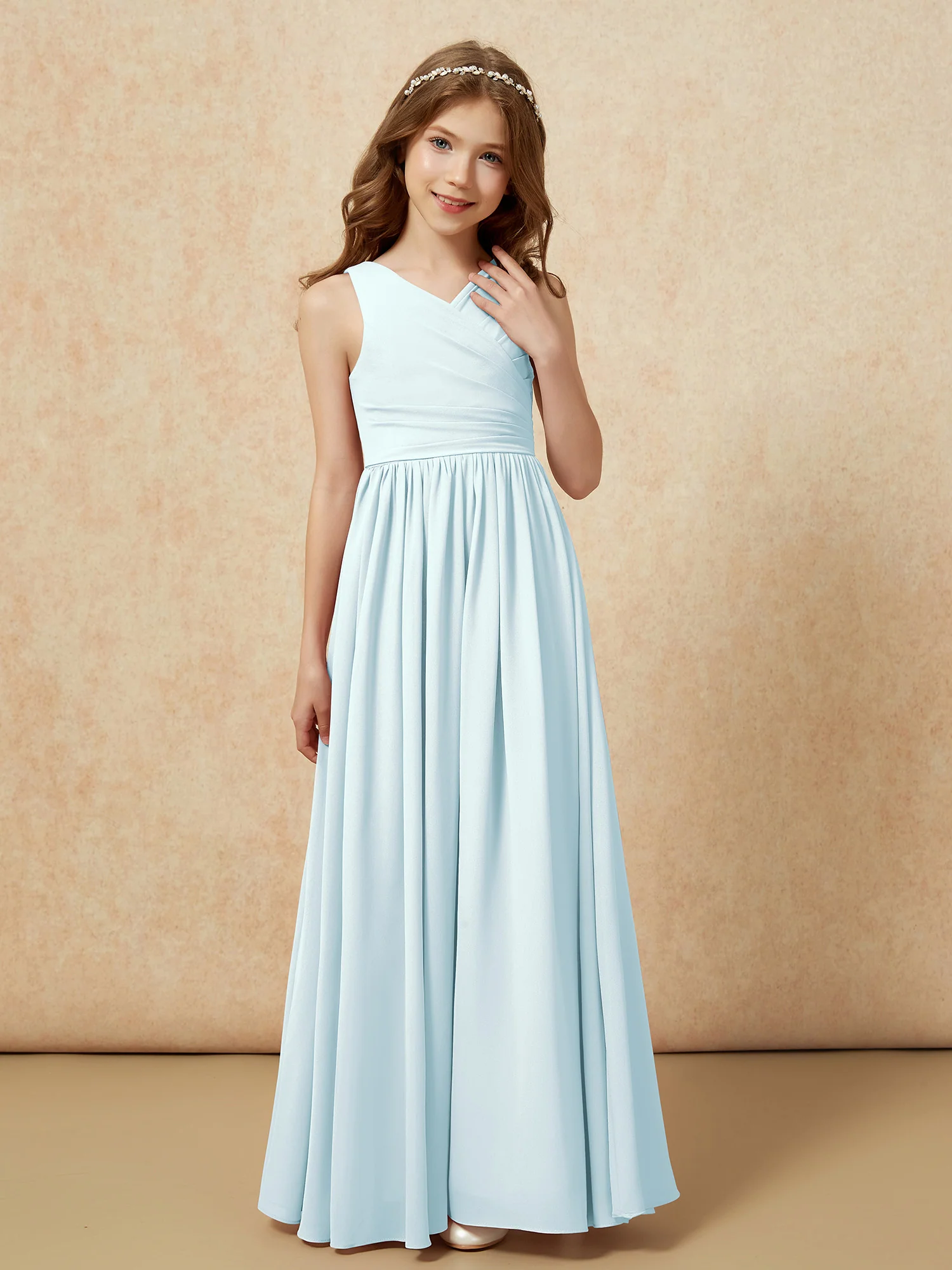 Pleated V-neck Chiffon Long Junior Bridesmaid Dresses Mist - Image 5