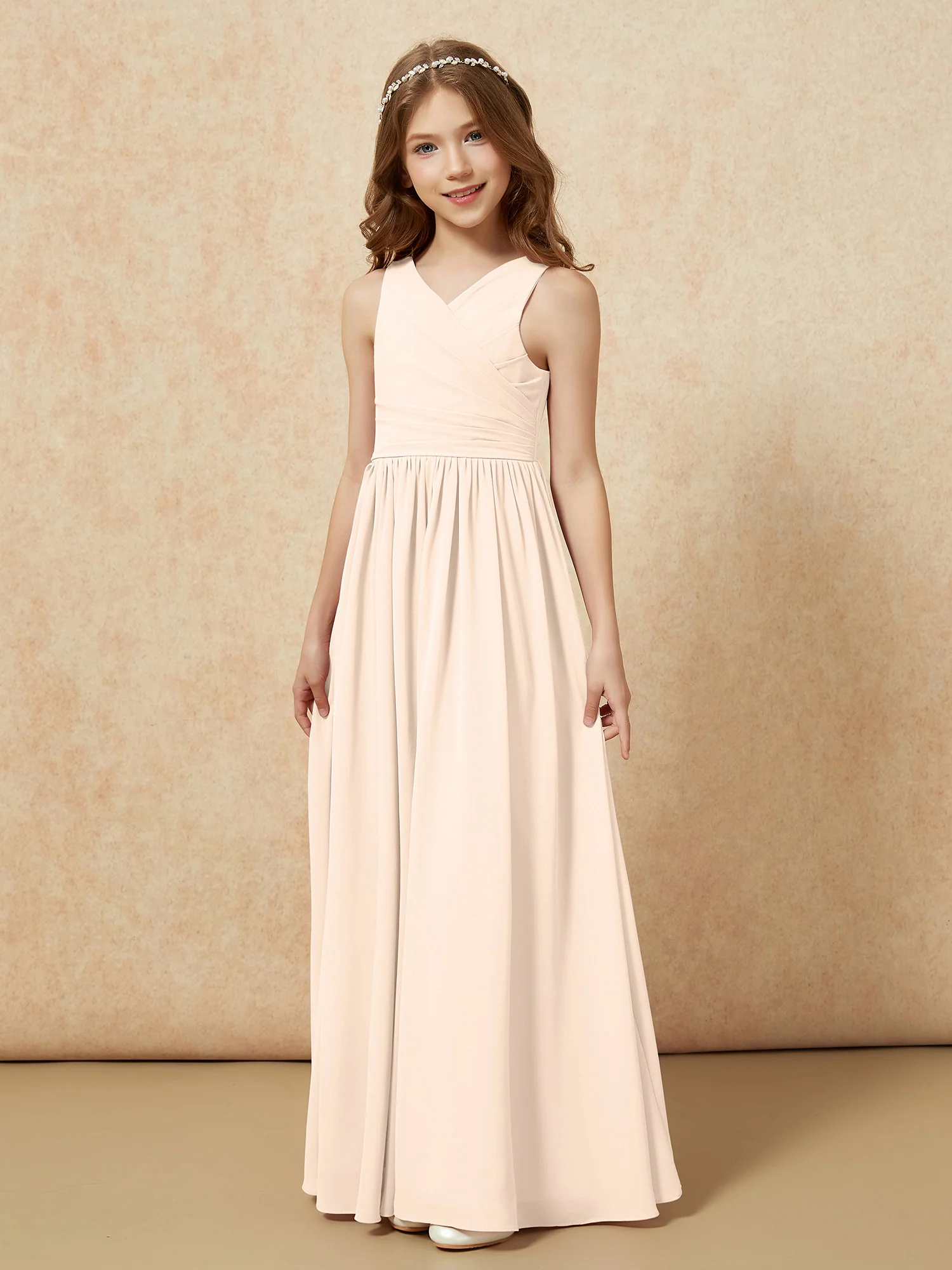 Pleated V-neck Chiffon Long Junior Bridesmaid Dresses Peach - Image 3