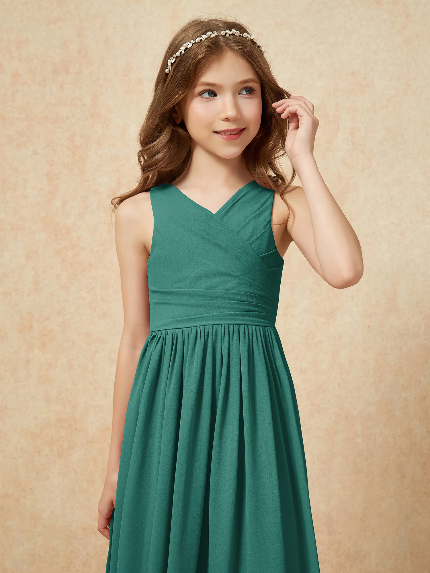 Pleated V-neck Chiffon Long Junior Bridesmaid Dresses Peacock - Image 6