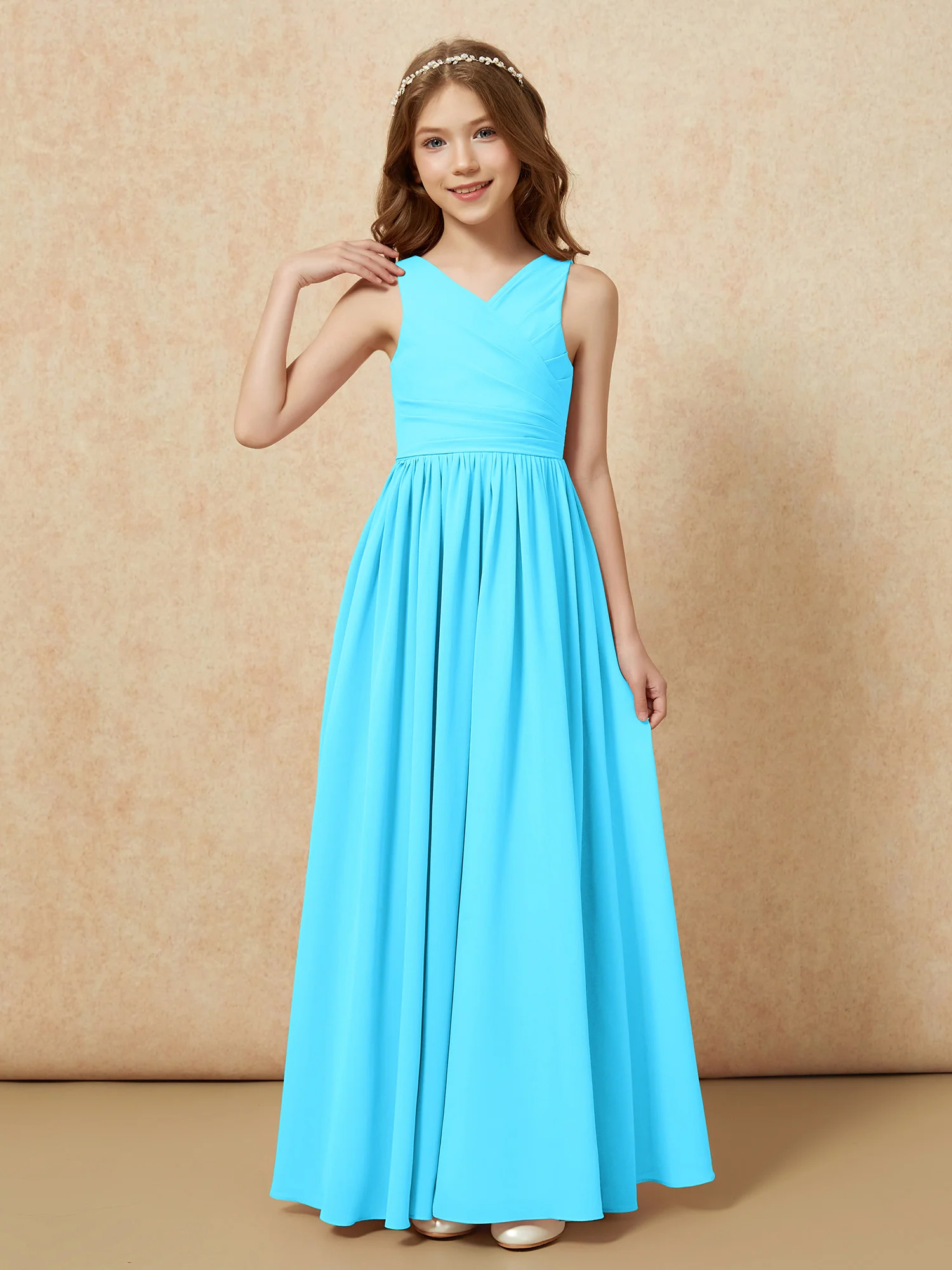 Pleated V-neck Chiffon Long Junior Bridesmaid Dresses Pool