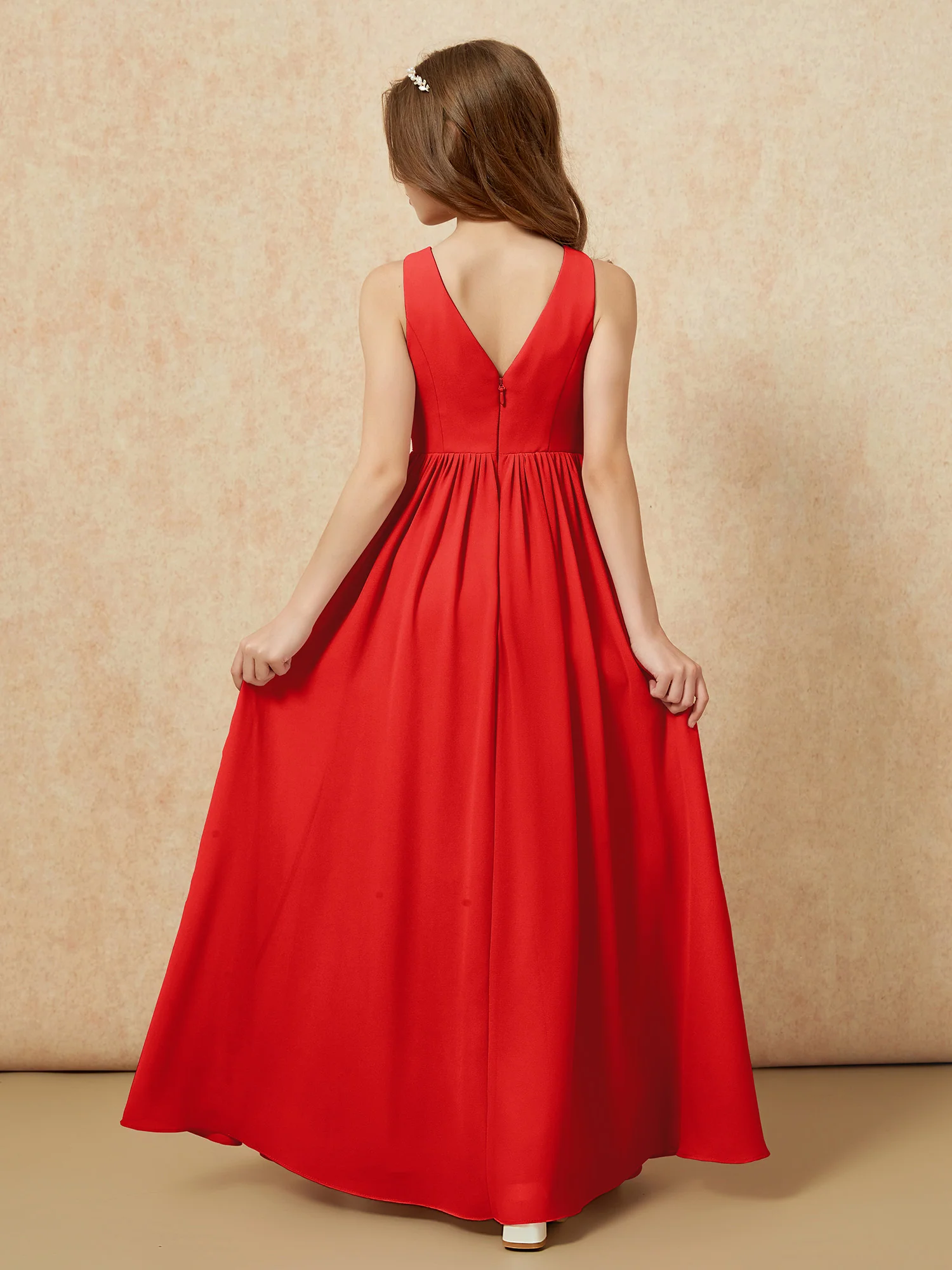 Pleated V-neck Chiffon Long Junior Bridesmaid Dresses Red - Image 2