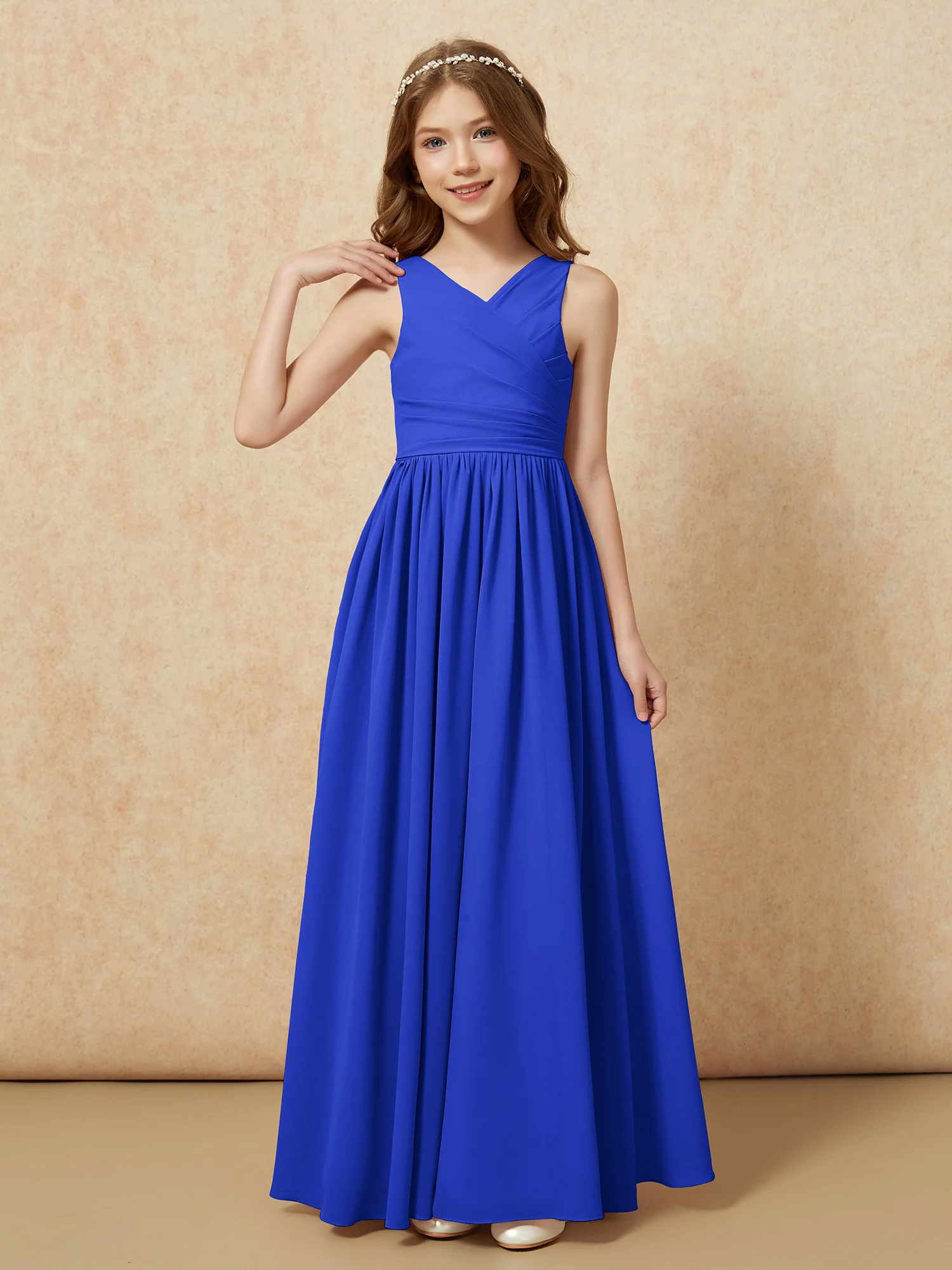 Pleated V-neck Chiffon Long Junior Bridesmaid Dresses Royal Blue