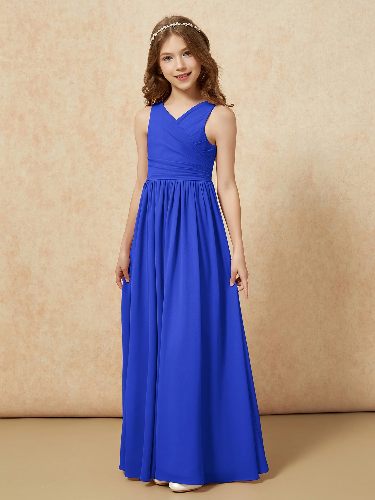 Pleated V-neck Chiffon Long Junior Bridesmaid Dresses Royal Blue - Image 3