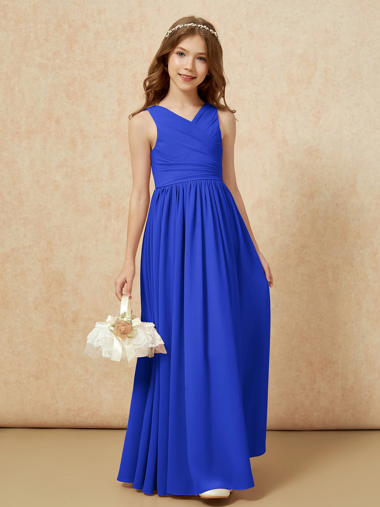Pleated V-neck Chiffon Long Junior Bridesmaid Dresses Royal Blue - Image 4