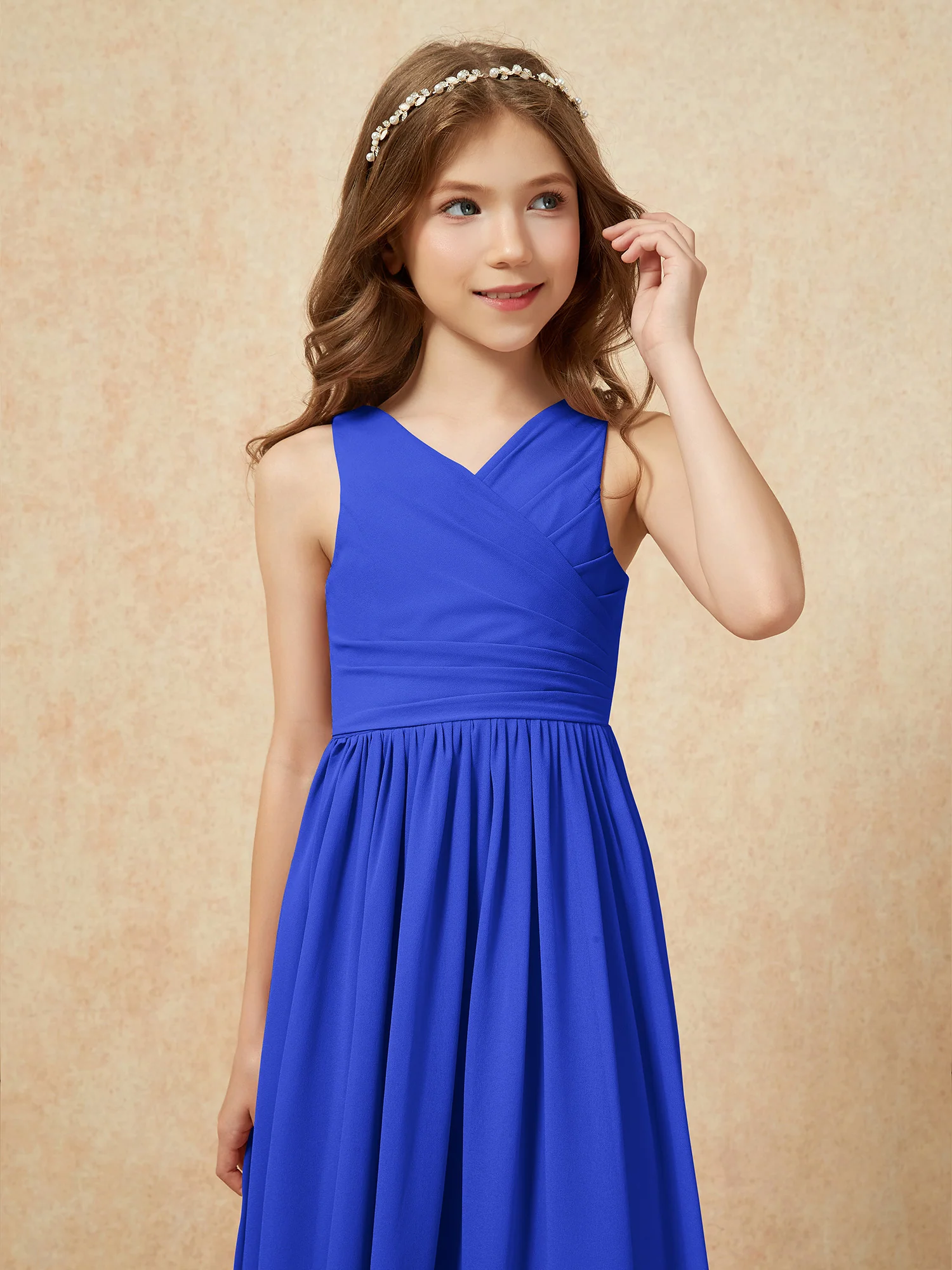 Pleated V-neck Chiffon Long Junior Bridesmaid Dresses Royal Blue - Image 6