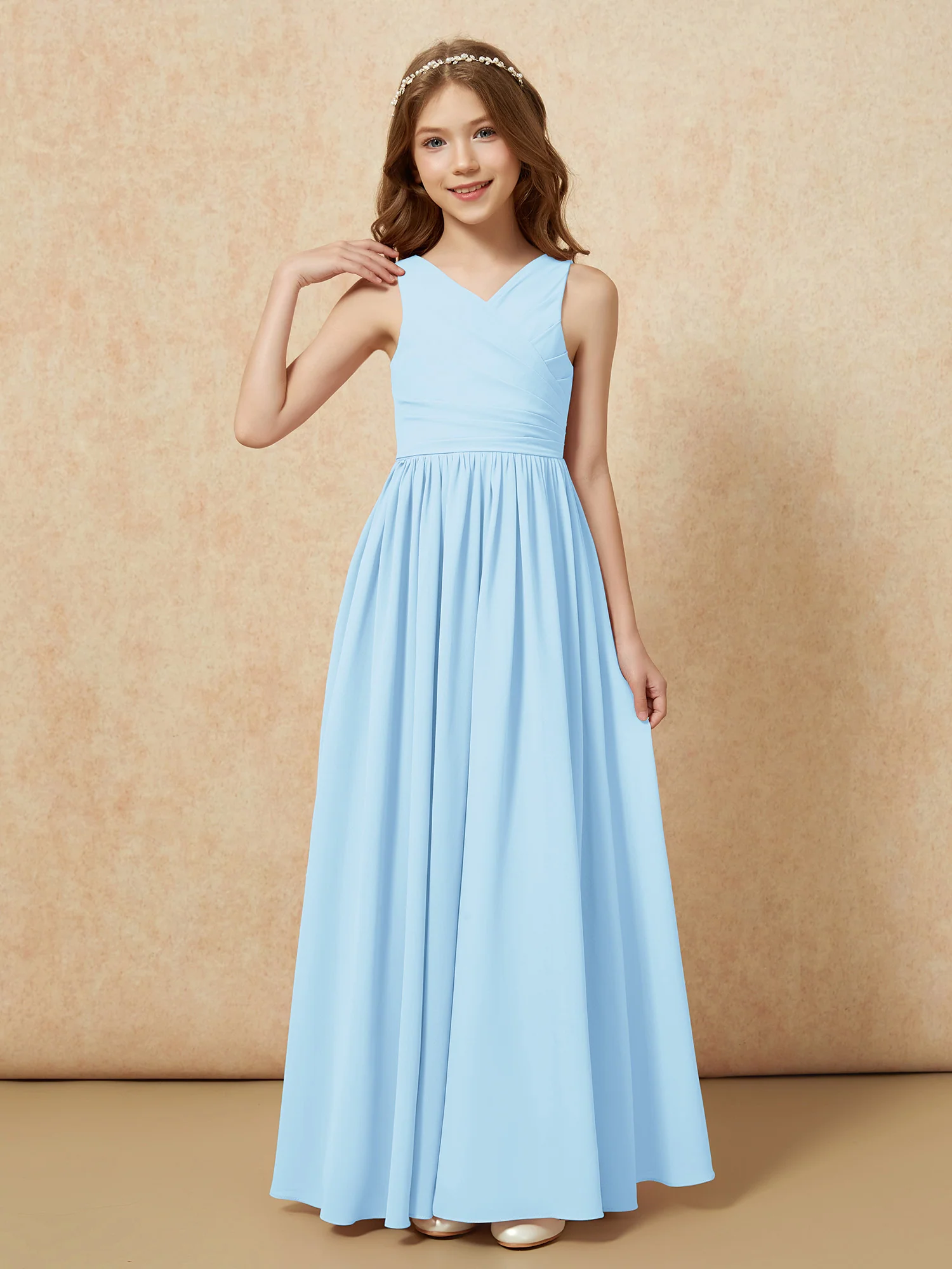 Pleated V-neck Chiffon Long Junior Bridesmaid Dresses Sky Blue