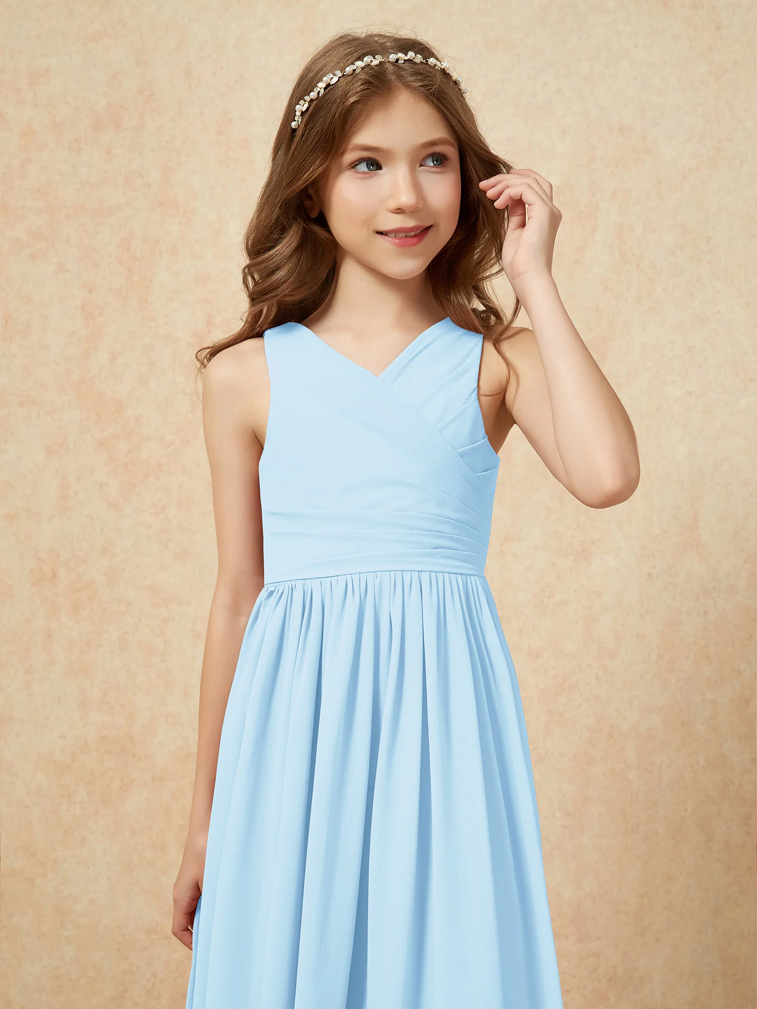 Pleated V-neck Chiffon Long Junior Bridesmaid Dresses Sky Blue - Image 6