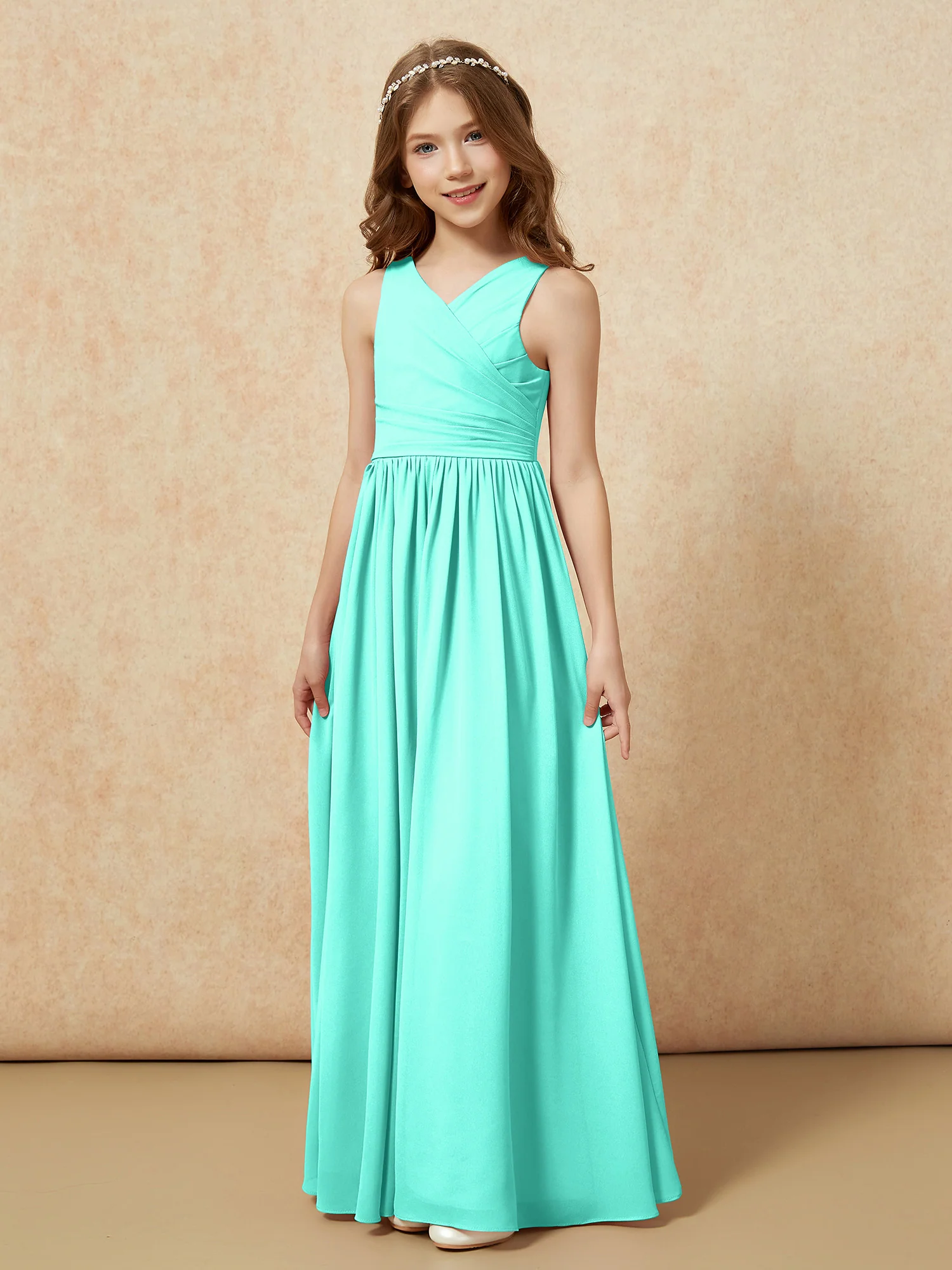Pleated V-neck Chiffon Long Junior Bridesmaid Dresses Spa - Image 3