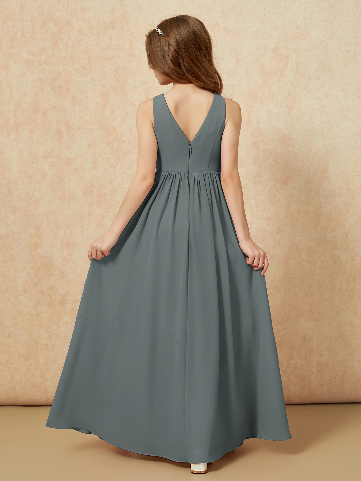 Pleated V-neck Chiffon Long Junior Bridesmaid Dresses Steel Grey - Image 2