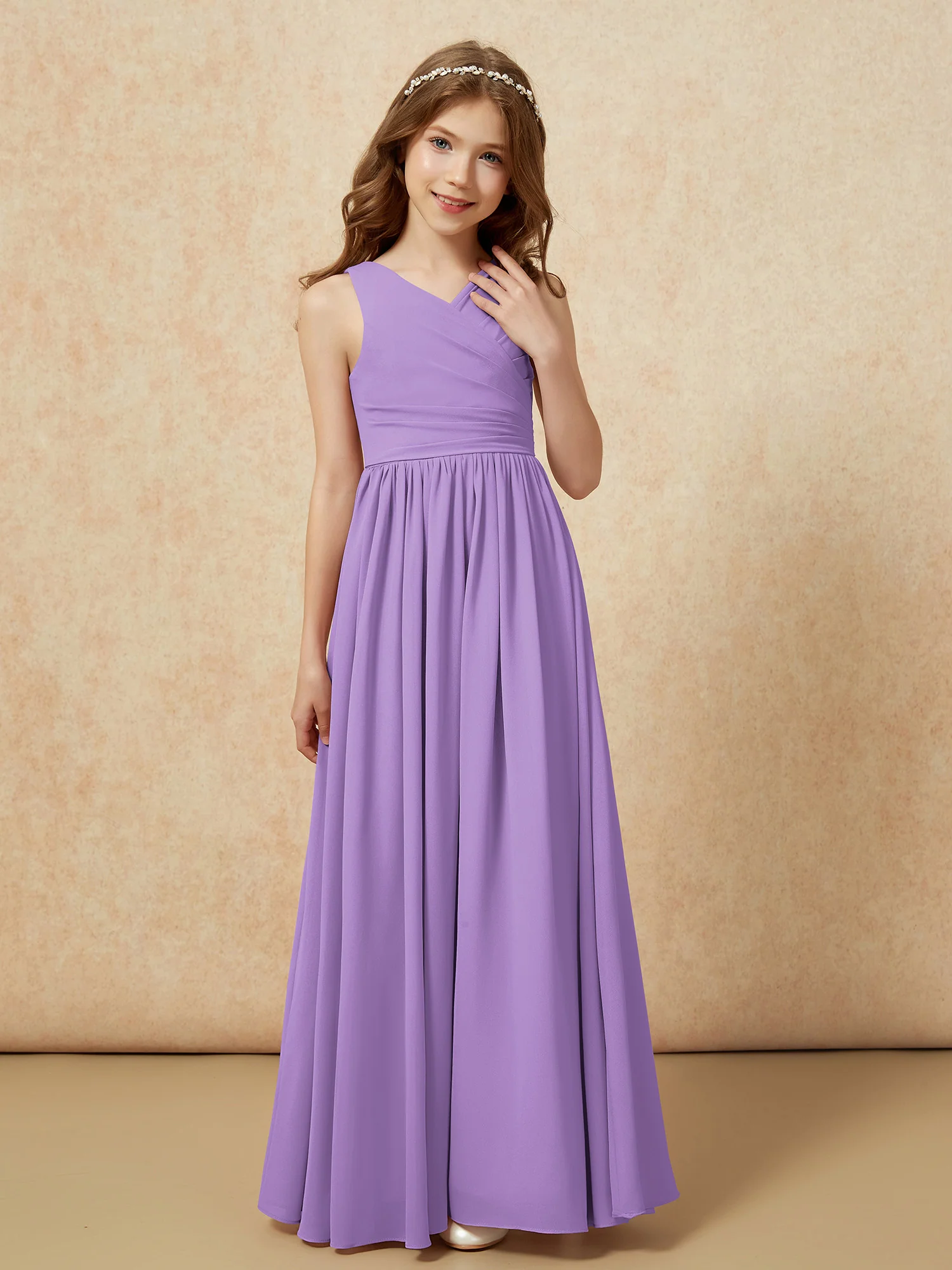 Pleated V-neck Chiffon Long Junior Bridesmaid Dresses Tahiti - Image 5