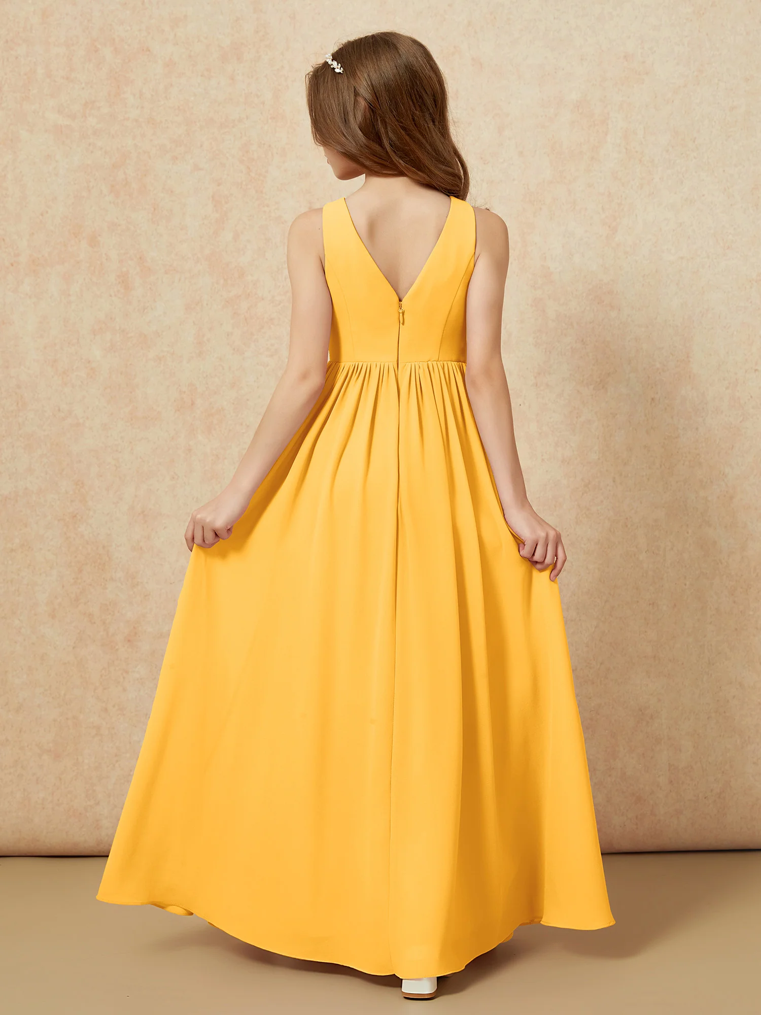 Pleated V-neck Chiffon Long Junior Bridesmaid Dresses Tangerine - Image 2