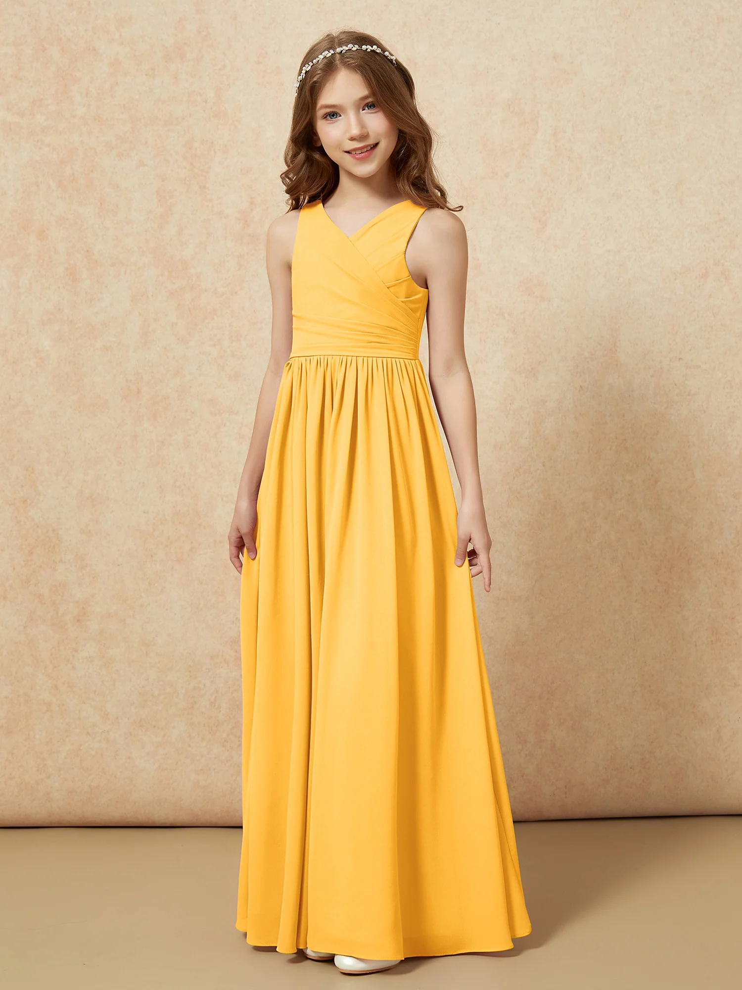 Pleated V-neck Chiffon Long Junior Bridesmaid Dresses Tangerine - Image 3