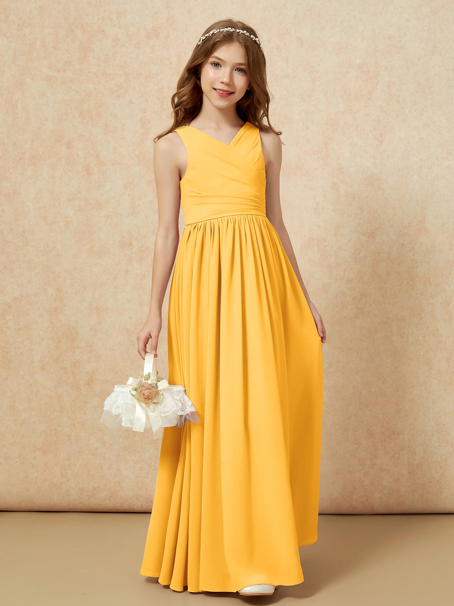 Pleated V-neck Chiffon Long Junior Bridesmaid Dresses Tangerine - Image 4