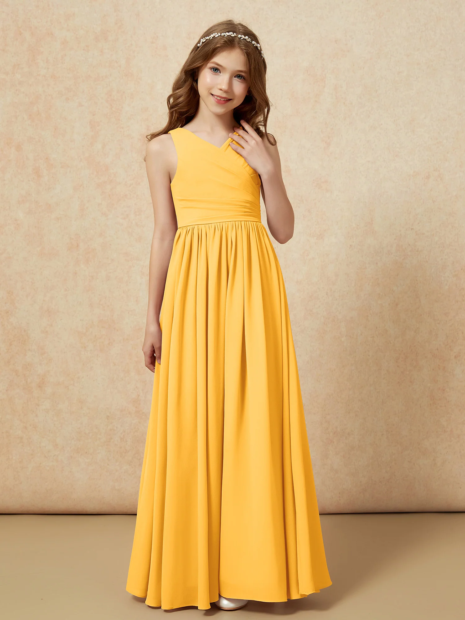 Pleated V-neck Chiffon Long Junior Bridesmaid Dresses Tangerine - Image 5