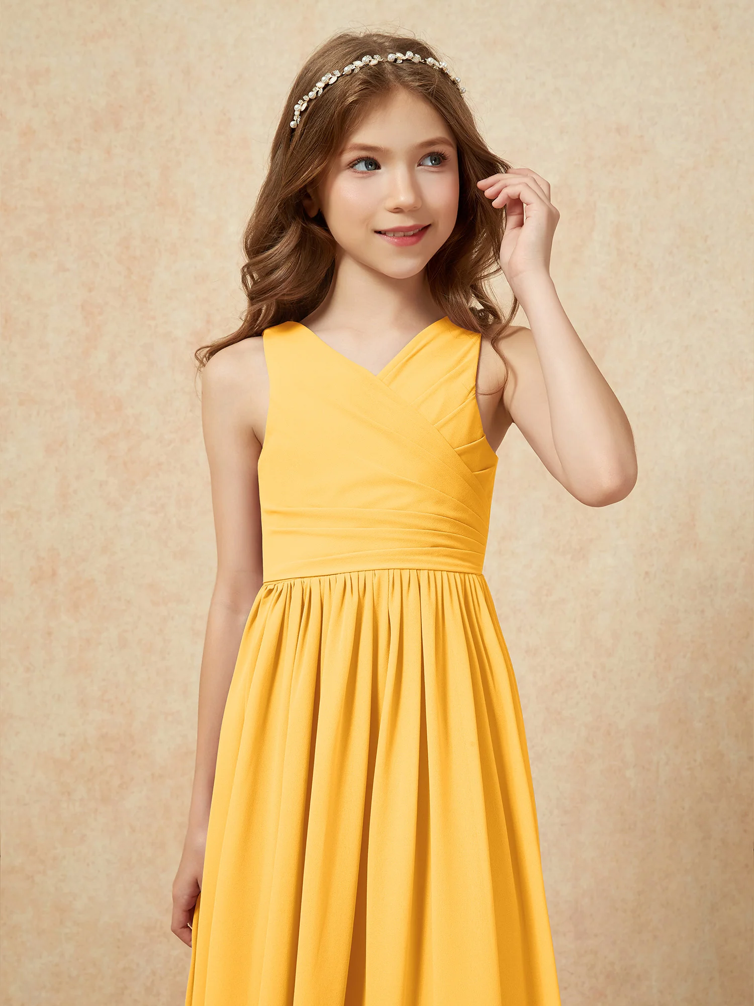 Pleated V-neck Chiffon Long Junior Bridesmaid Dresses Tangerine - Image 6