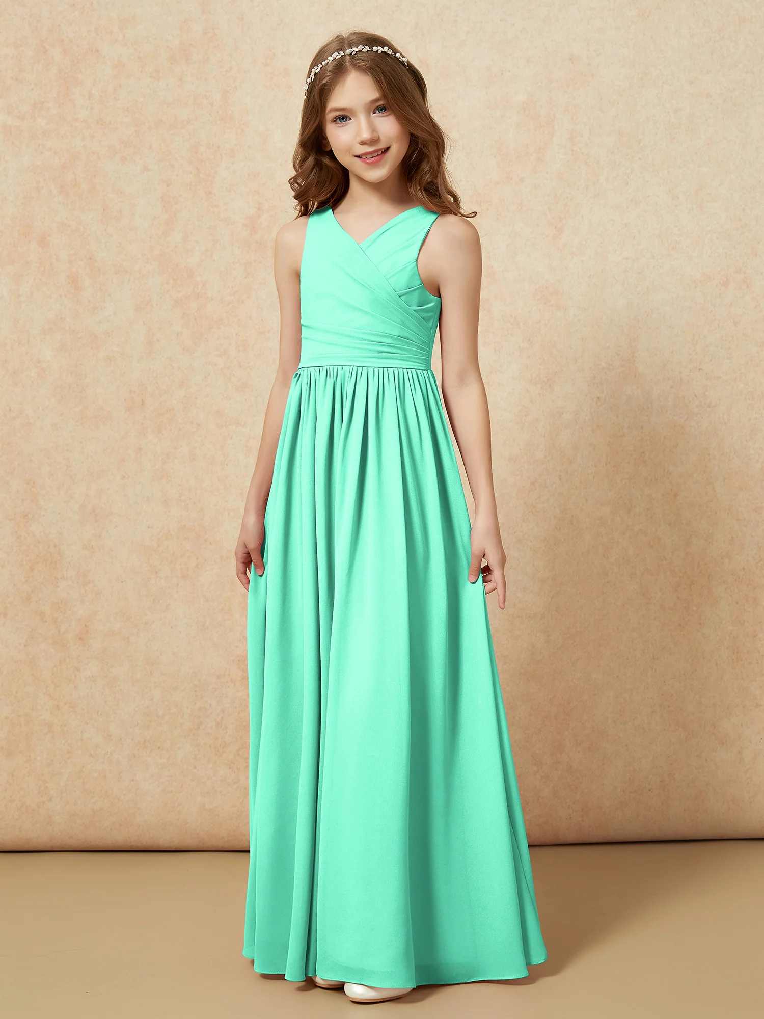 Pleated V-neck Chiffon Long Junior Bridesmaid Dresses Turquoise - Image 3