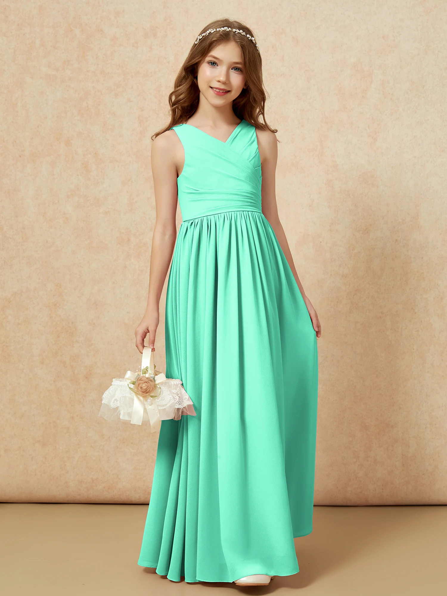 Pleated V-neck Chiffon Long Junior Bridesmaid Dresses Turquoise - Image 4