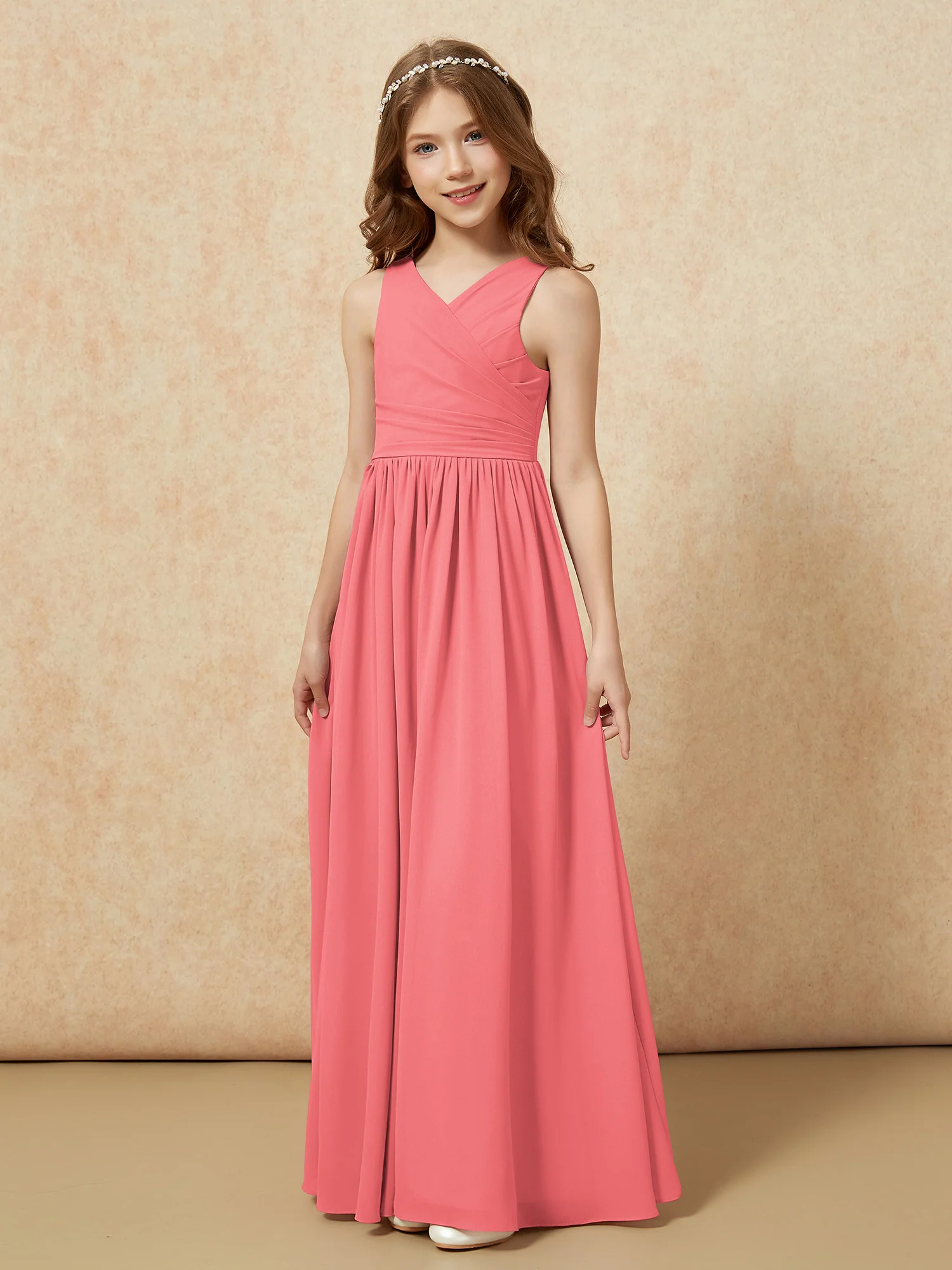 Pleated V-neck Chiffon Long Junior Bridesmaid Dresses Watermelon - Image 3