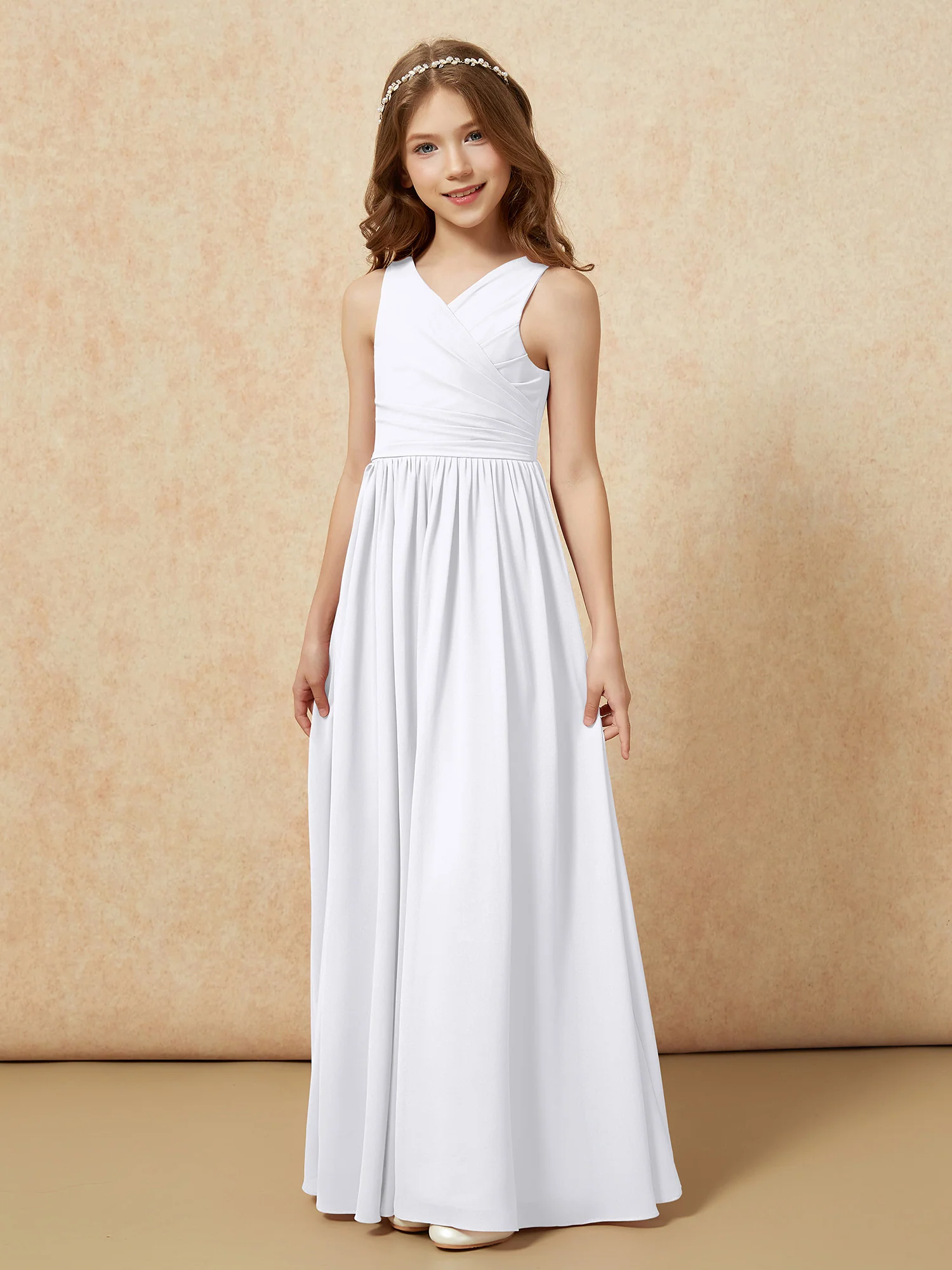 Pleated V-neck Chiffon Long Junior Bridesmaid Dresses White - Image 3