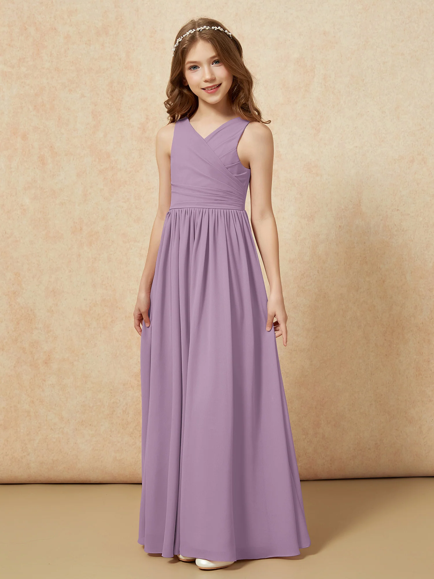Pleated V-neck Chiffon Long Junior Bridesmaid Dresses Wisteria - Image 3