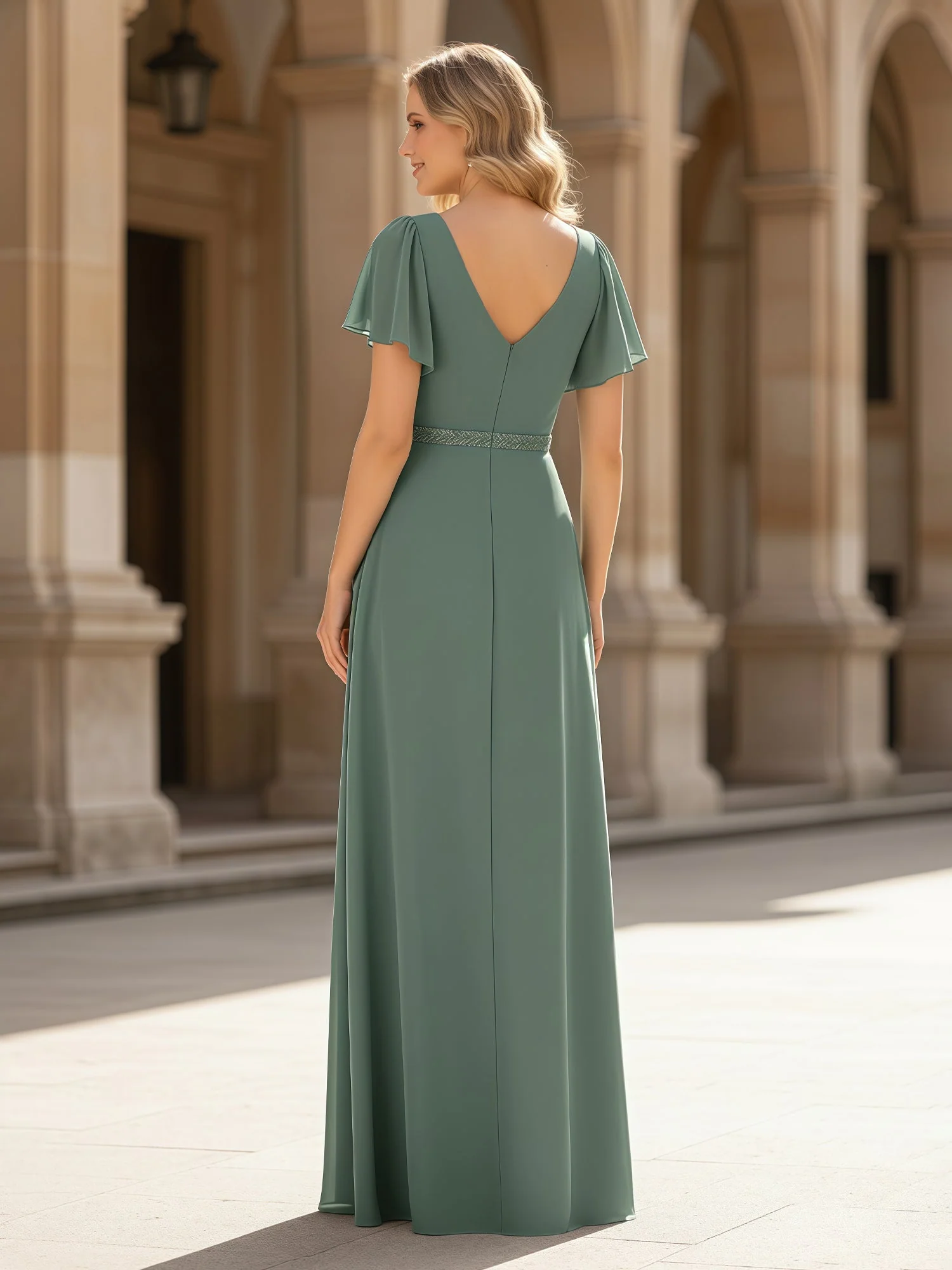 Pleated V-neck Chiffon Long Slit Dress With Rhinestone Regency - Image 2