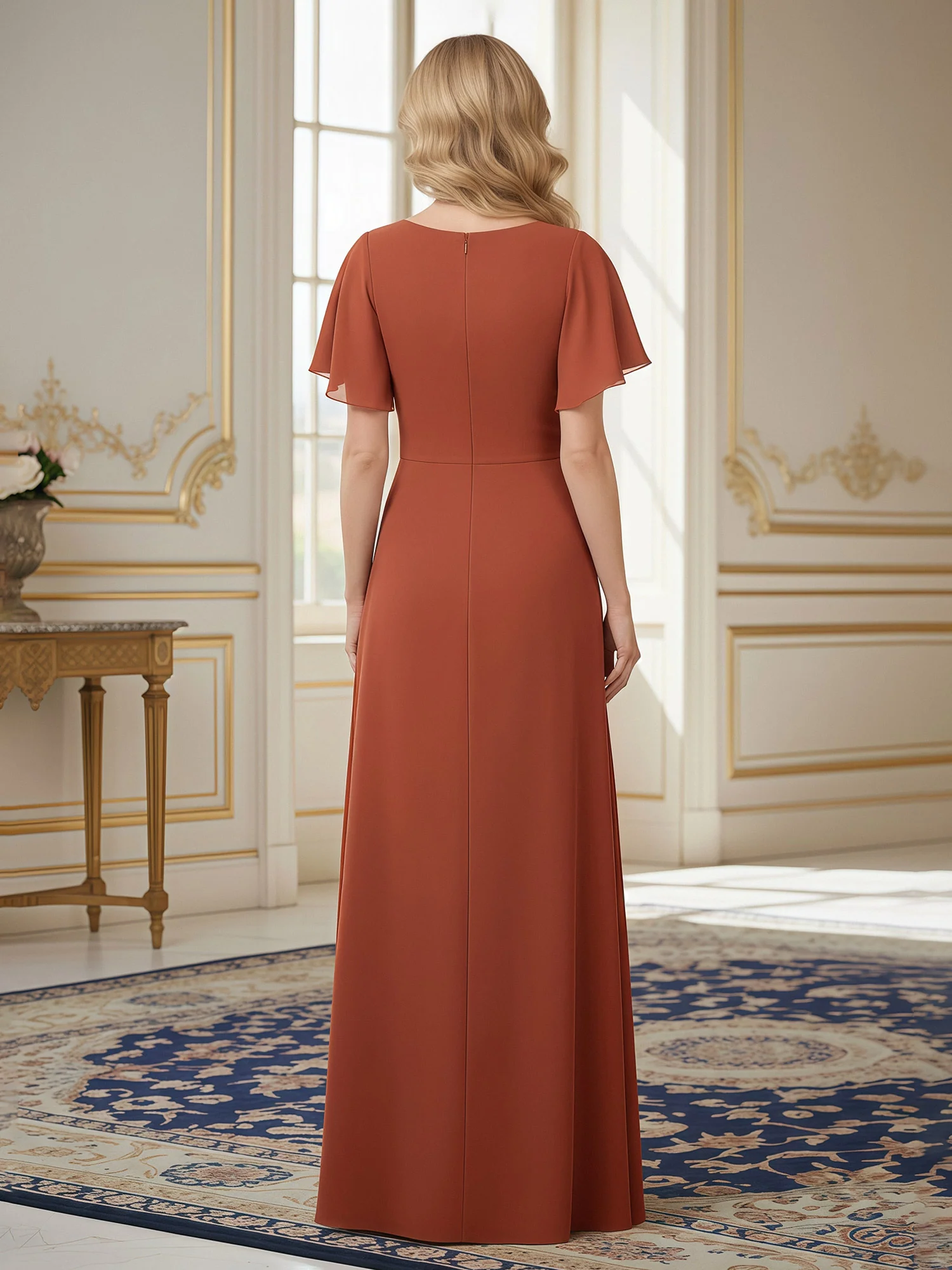 Pleated V-neck Flutter Sleeves Chiffon Long Dress Rust - Image 2