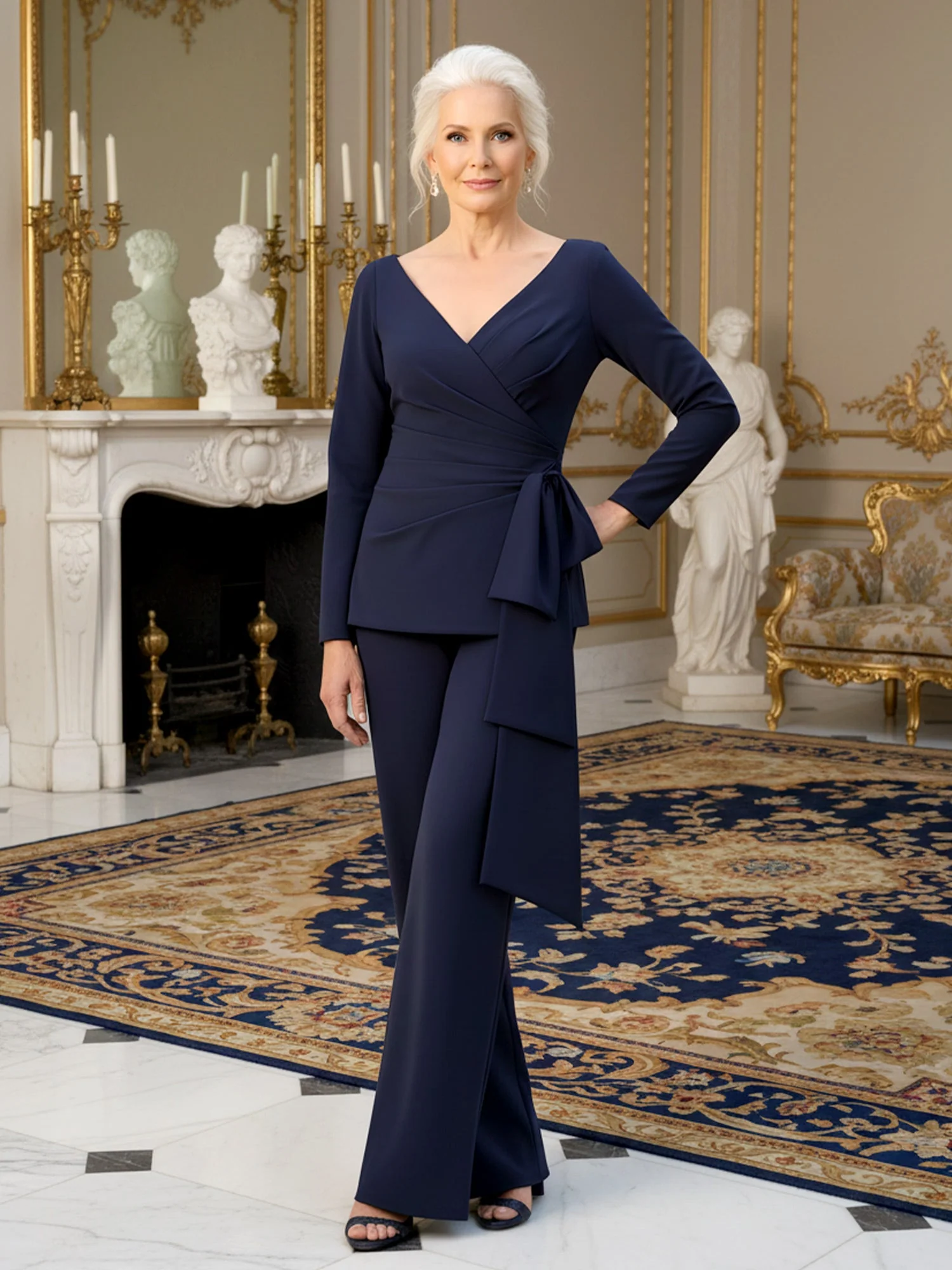 Pleated V-neck Long Sleeve Pant Suit With Bow Dark Green