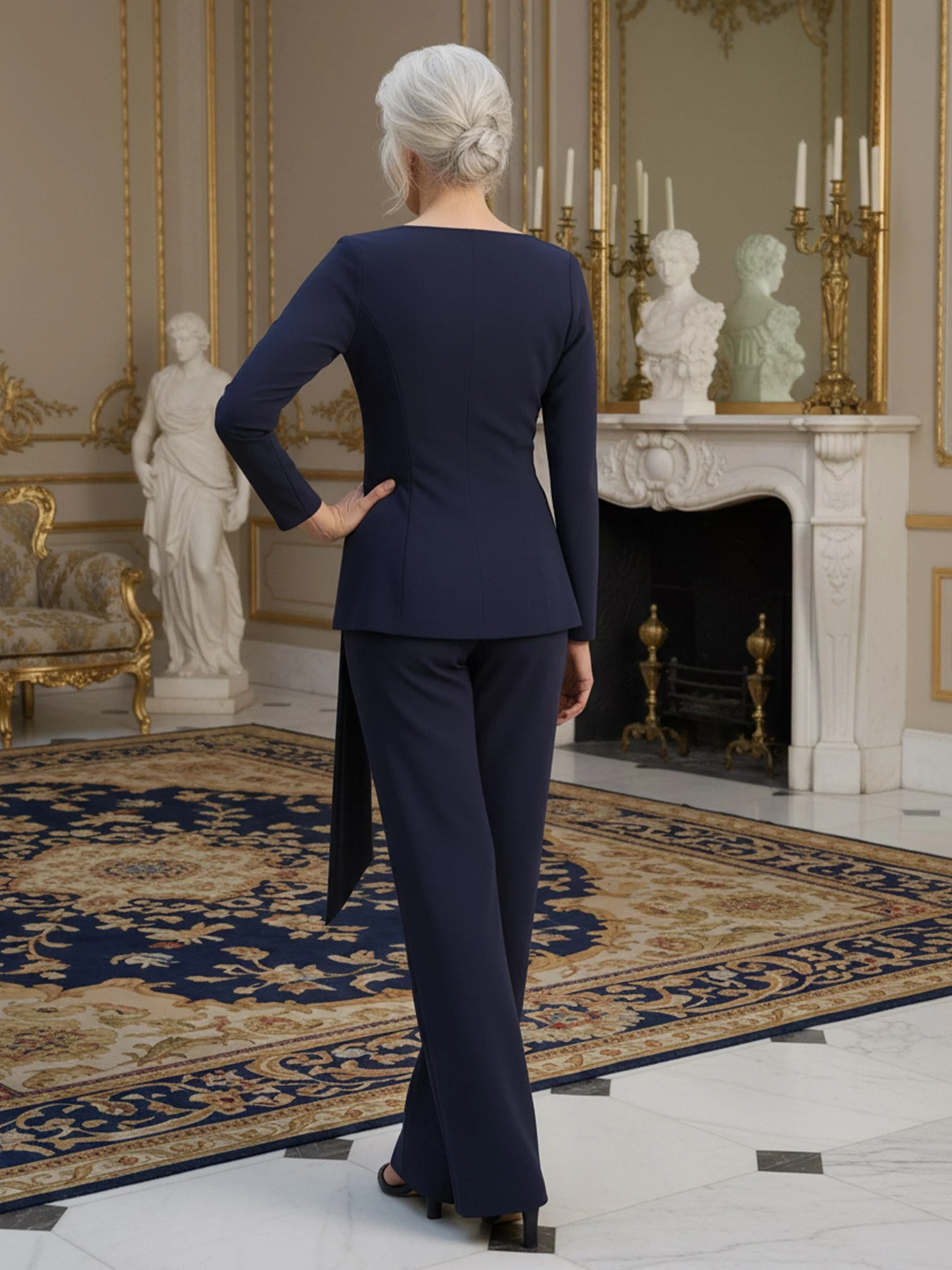 Pleated V-neck Long Sleeve Pant Suit With Bow Royal Blue - Image 2