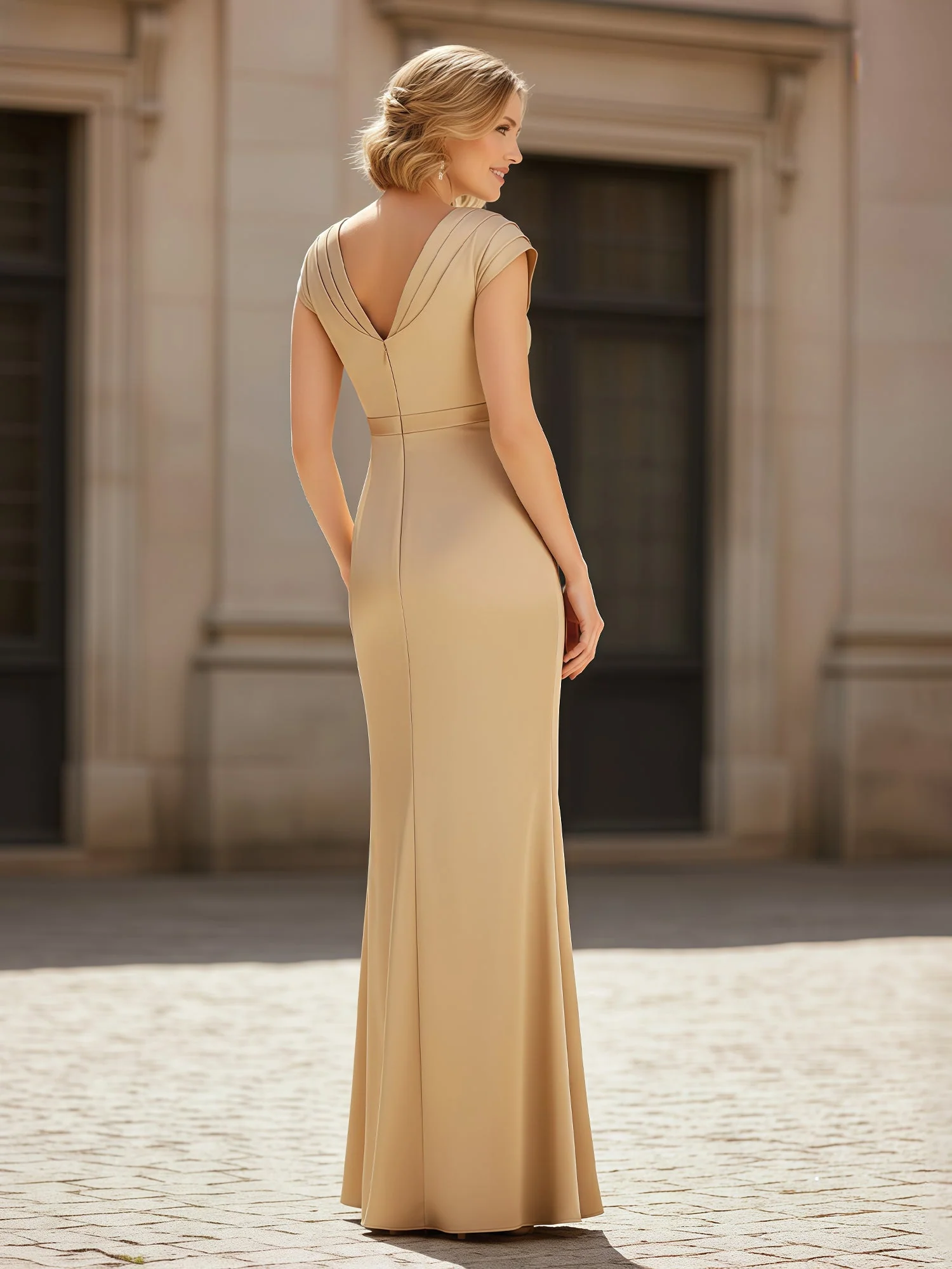Pleated V-neck Sheath Long Dress With Ruffles Dusty Sage - Image 2