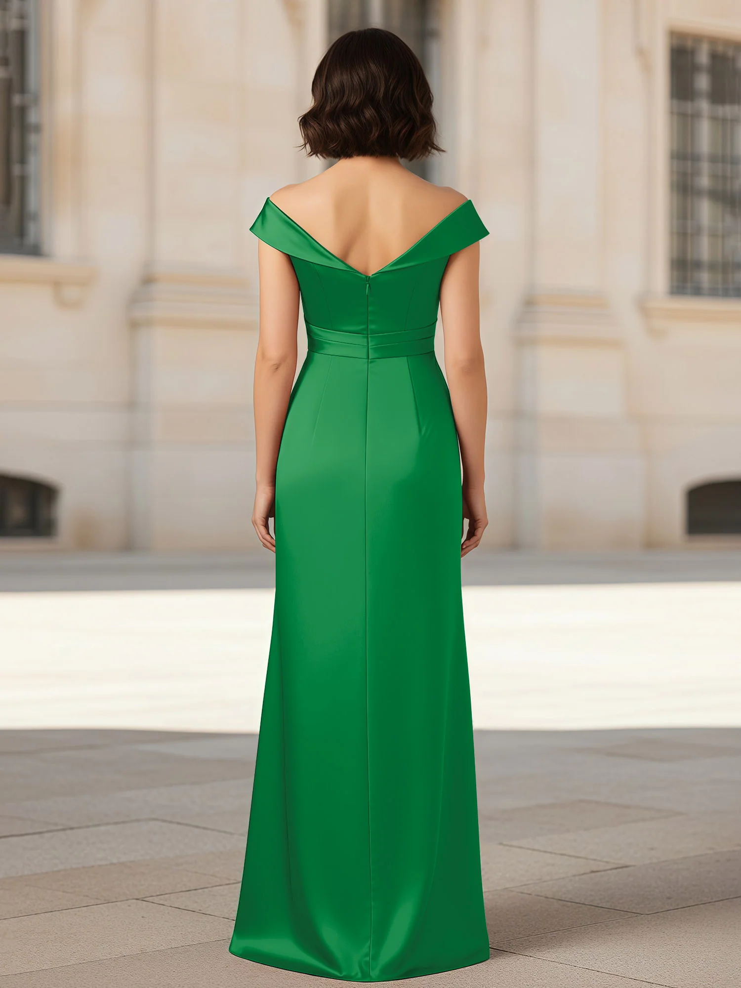 Pleated V-neck Stretch Satin Bodycon Dress Emerald - Image 2