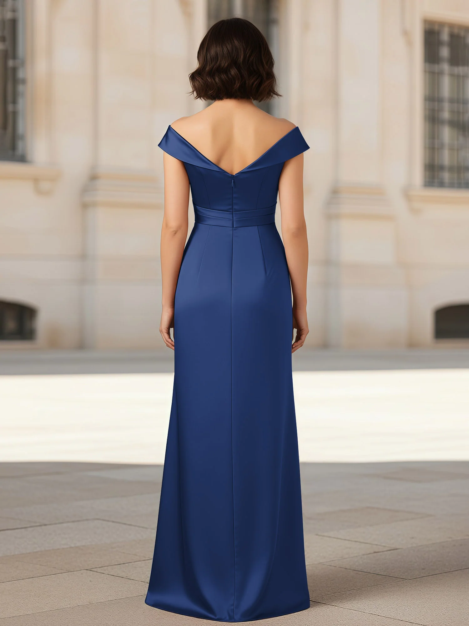 Pleated V-neck Stretch Satin Bodycon Dress Navy Blue - Image 2