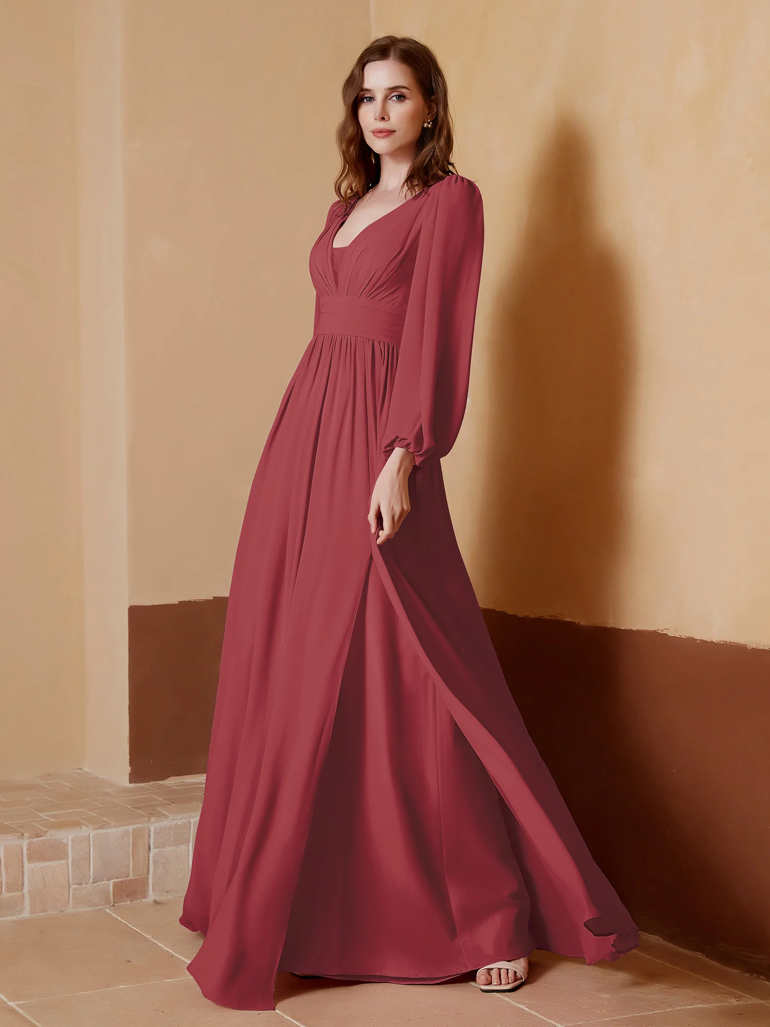 Plunging V-neck Floor-length Dress With Slit Cinnamon Rose - Image 3
