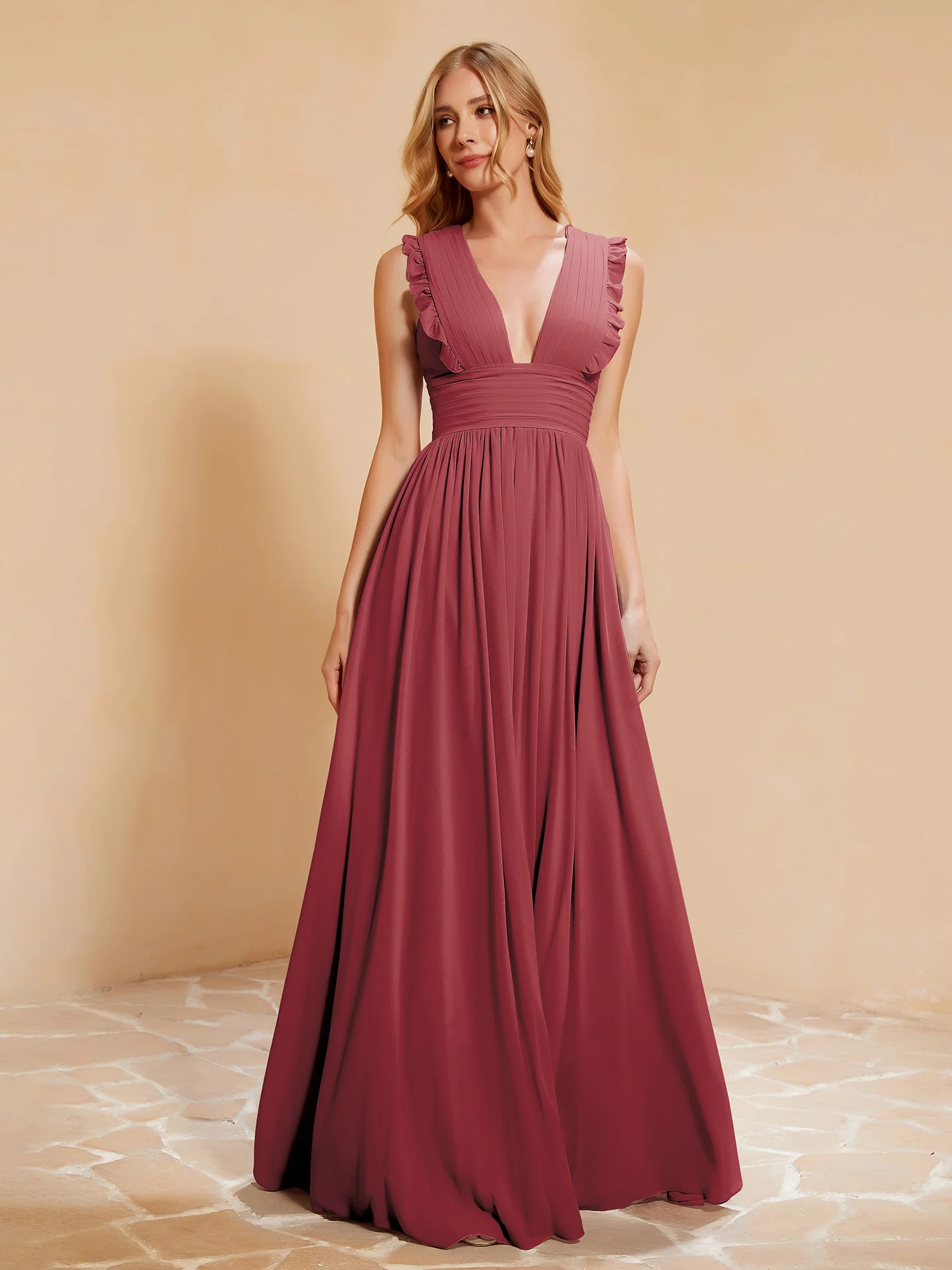 Plunging V-neck Ruffles Pleated Dress With Silt Cinnamon Rose
