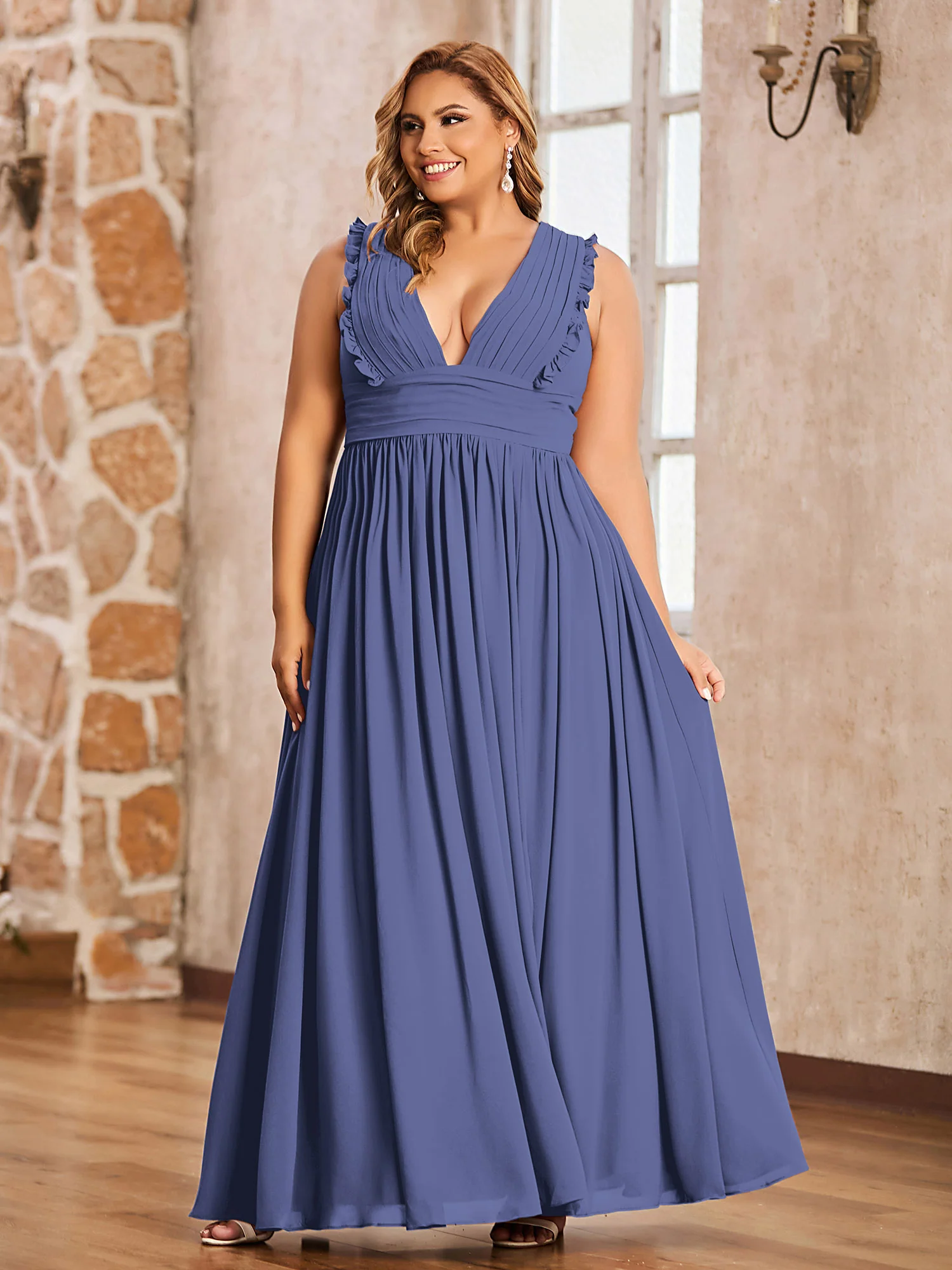 Plunging V-neck Ruffles Pleated Dress With Silt Periwinkle Plus Size - Image 3