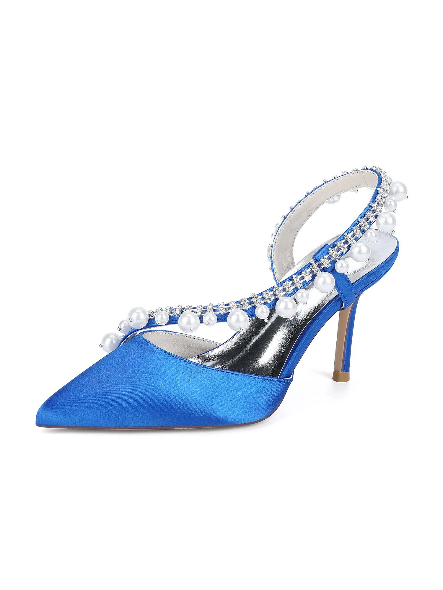 Pointed Toe Faux Silk Crystal Pearl Slingback High Heels