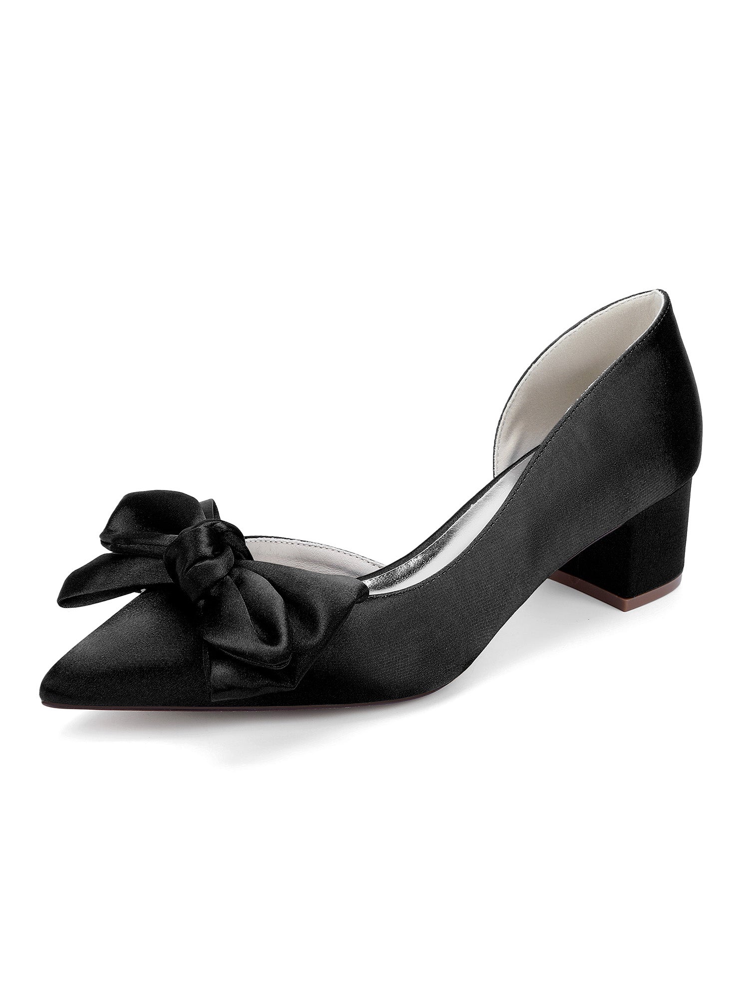 Pointed Toe Low Chunky Heels Bow Wedding Shoes - Image 9