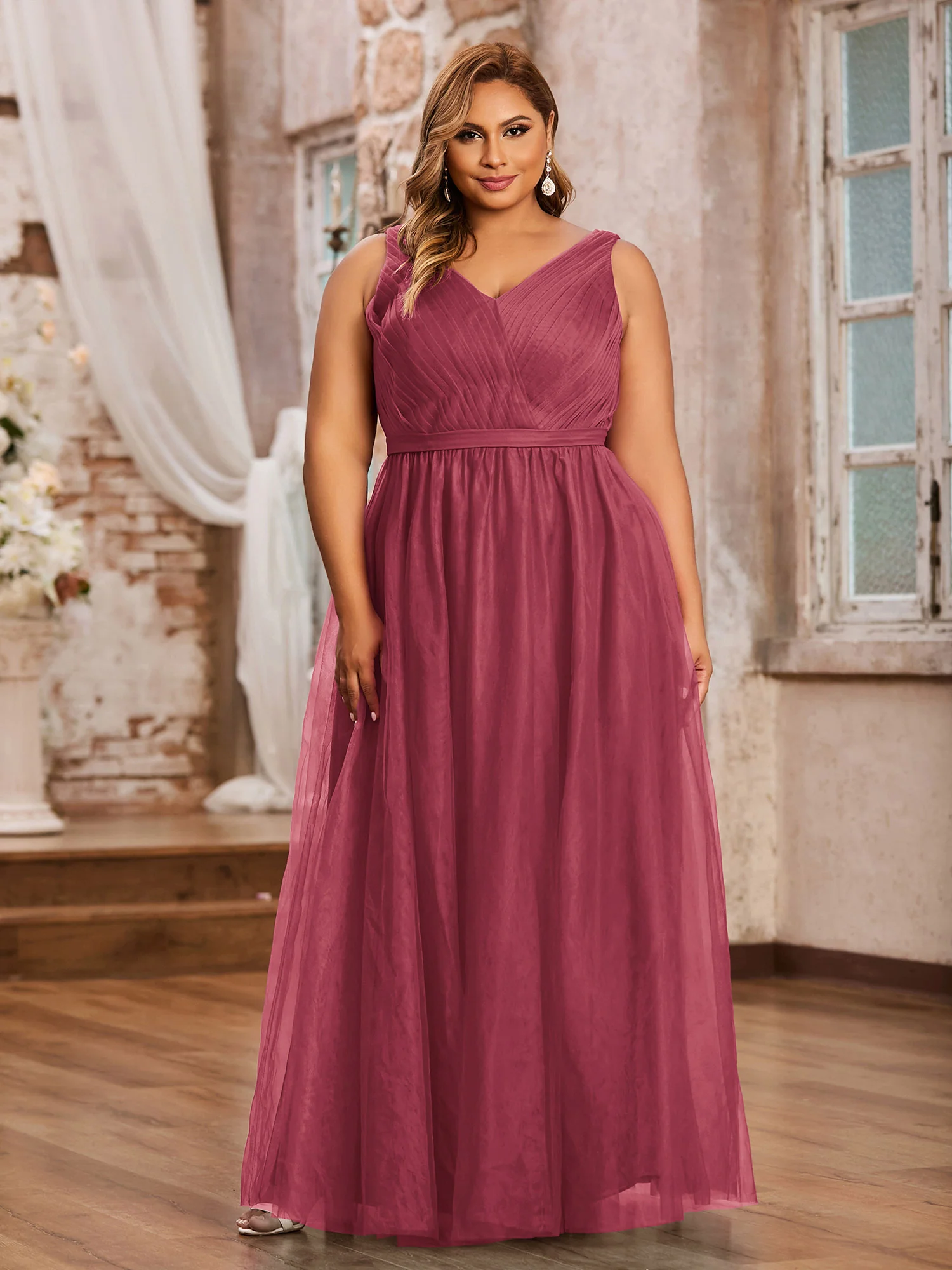 Princess Full Length Tulle Dresses with V-neckline-Cinnamon Rose Plus Size - Image 3