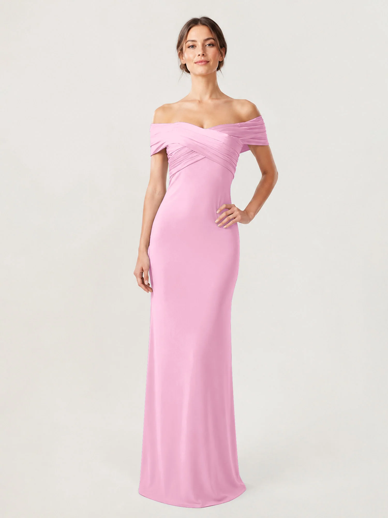 Crepe Off-the-Shoulder Column Gown with Ruched Bodice Candy Pink