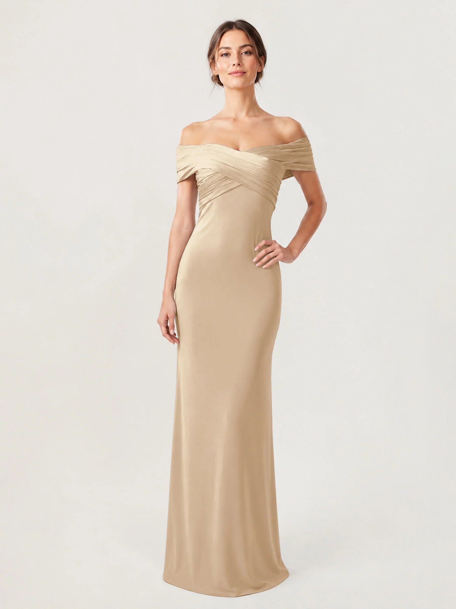 Crepe Off-the-Shoulder Column Gown with Ruched Bodice Champagne