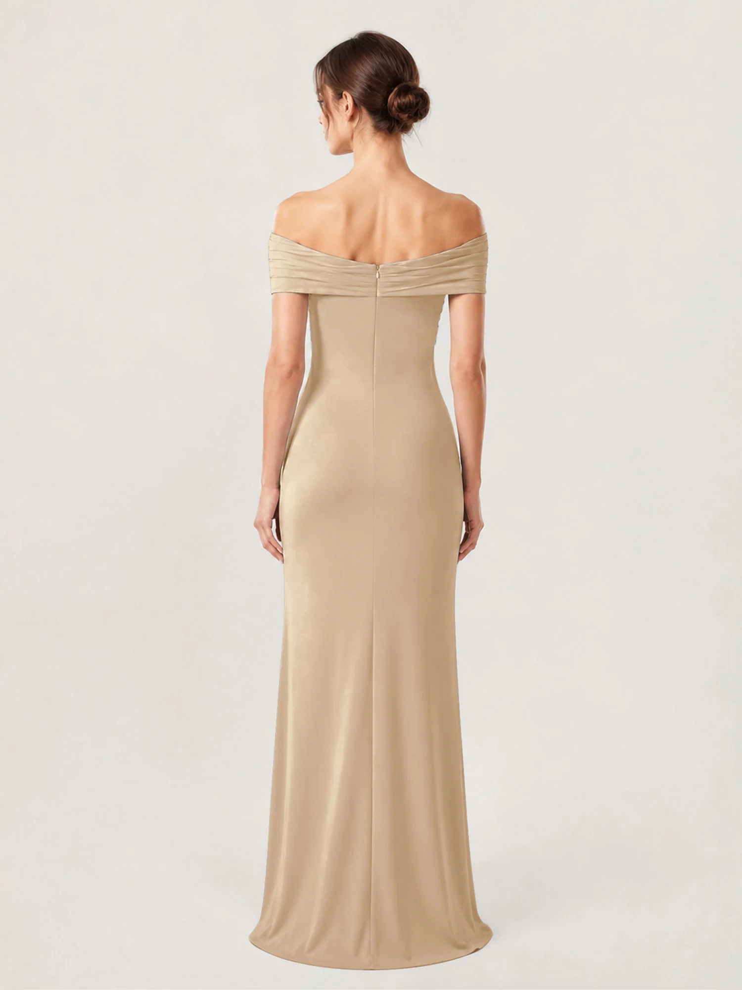 Crepe Off-the-Shoulder Column Gown with Ruched Bodice Champagne - Image 2