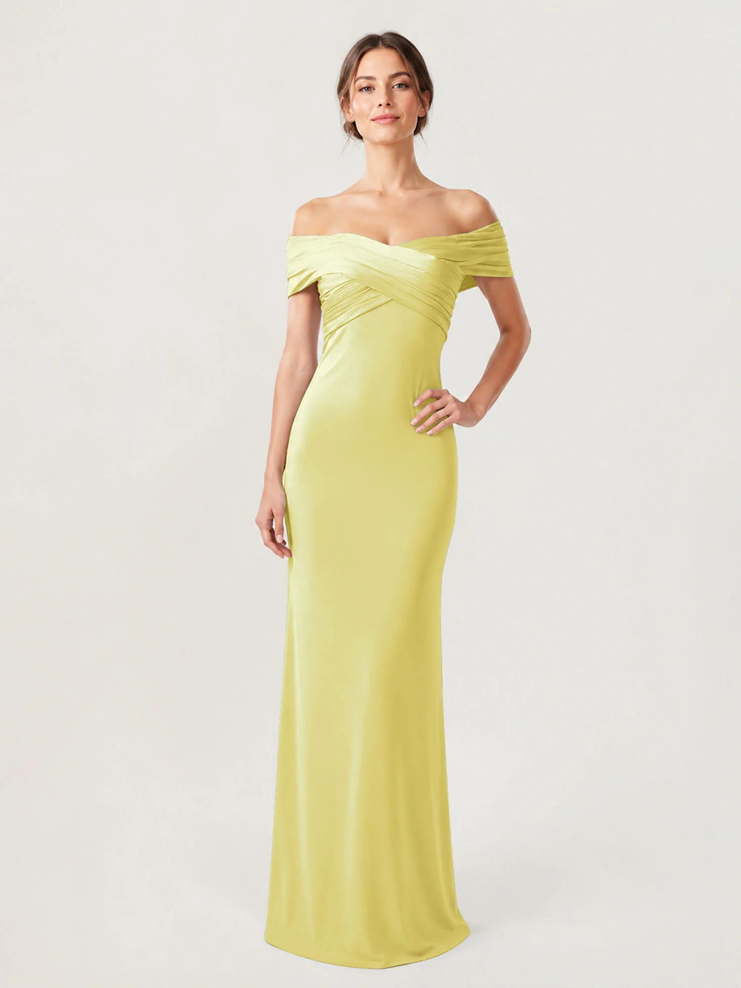 Crepe Off-the-Shoulder Column Gown with Ruched Bodice Daffodil