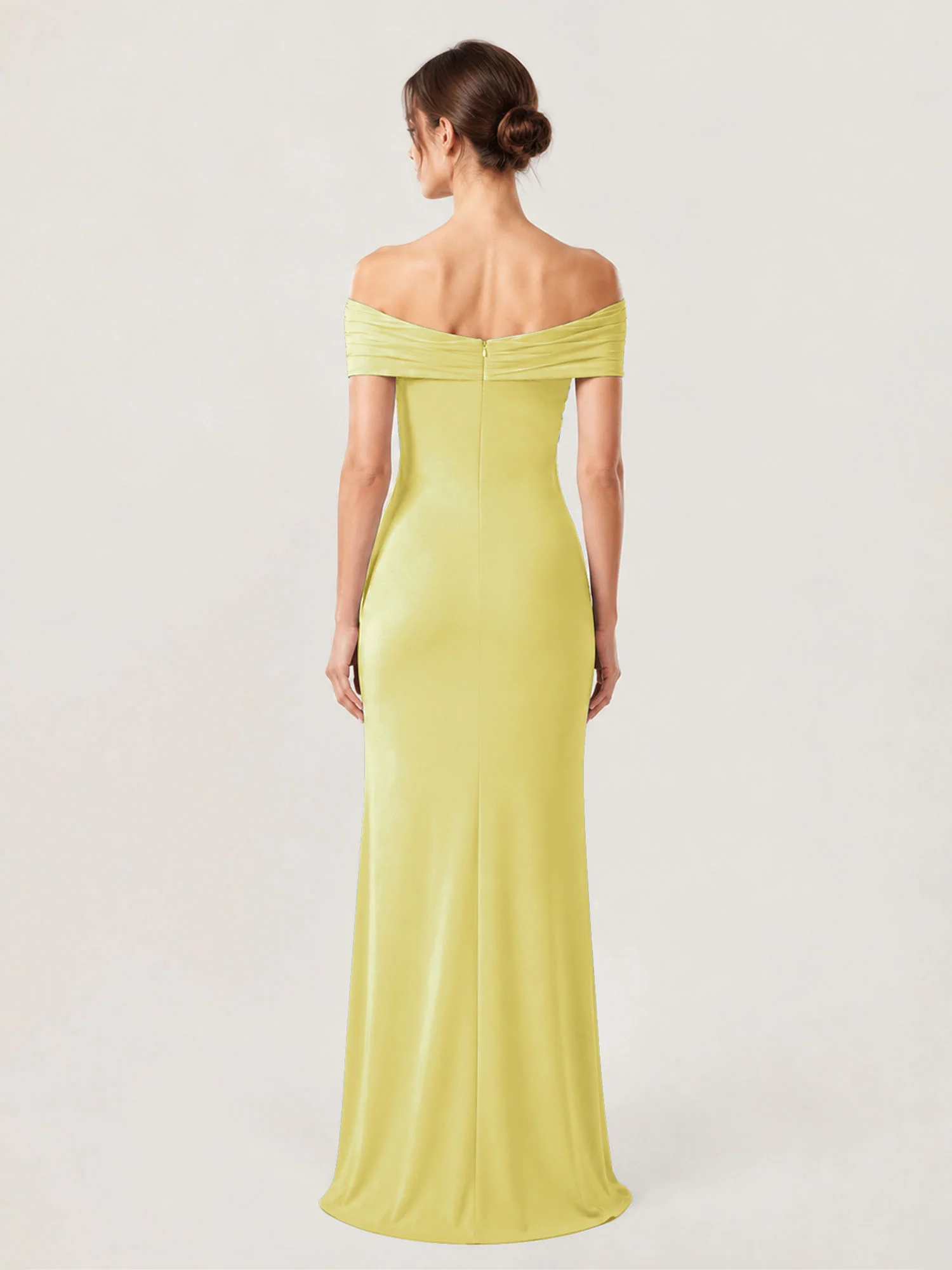 Crepe Off-the-Shoulder Column Gown with Ruched Bodice Daffodil - Image 2