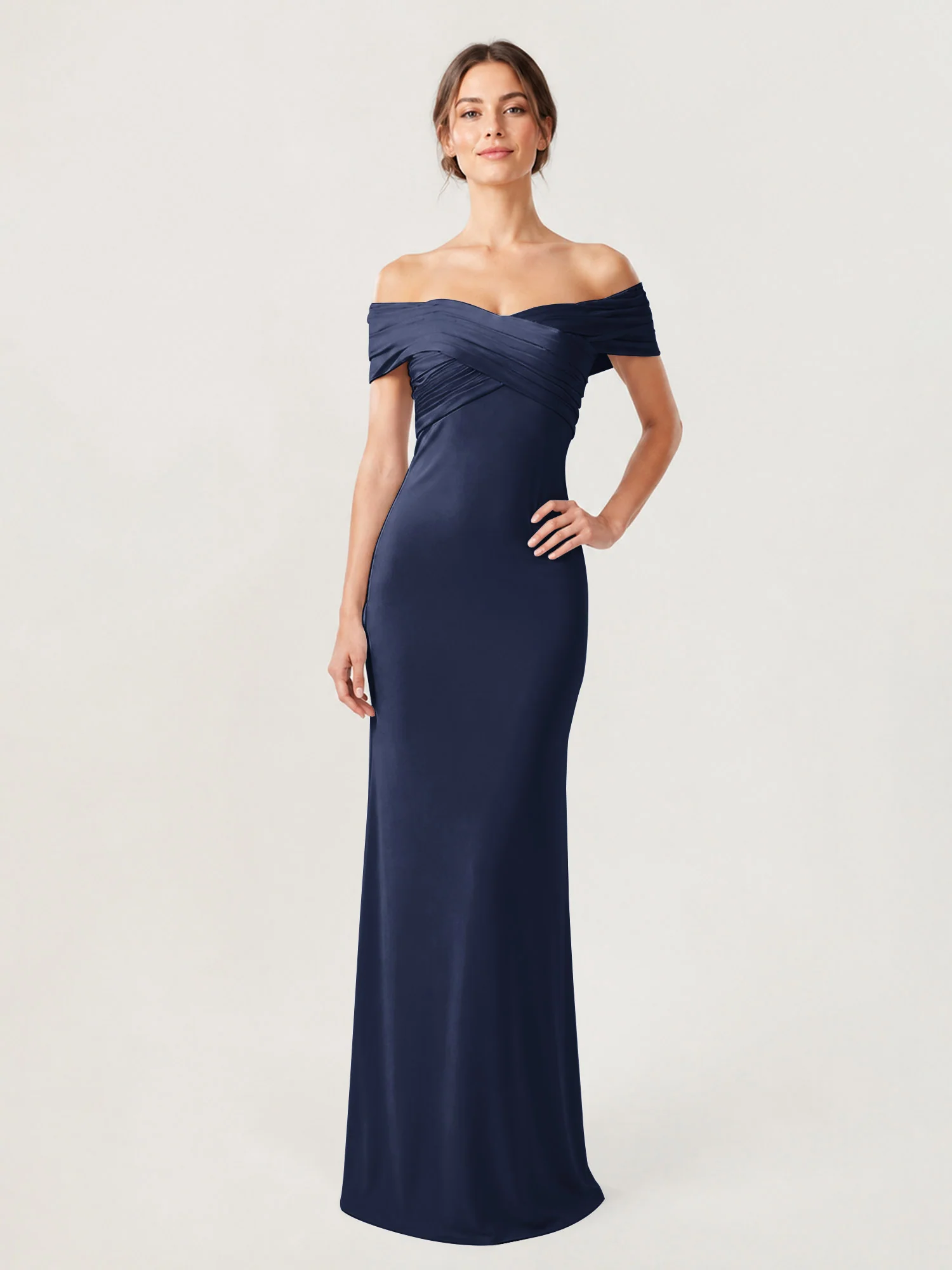 Crepe Off-the-Shoulder Column Gown with Ruched Bodice Dark Navy