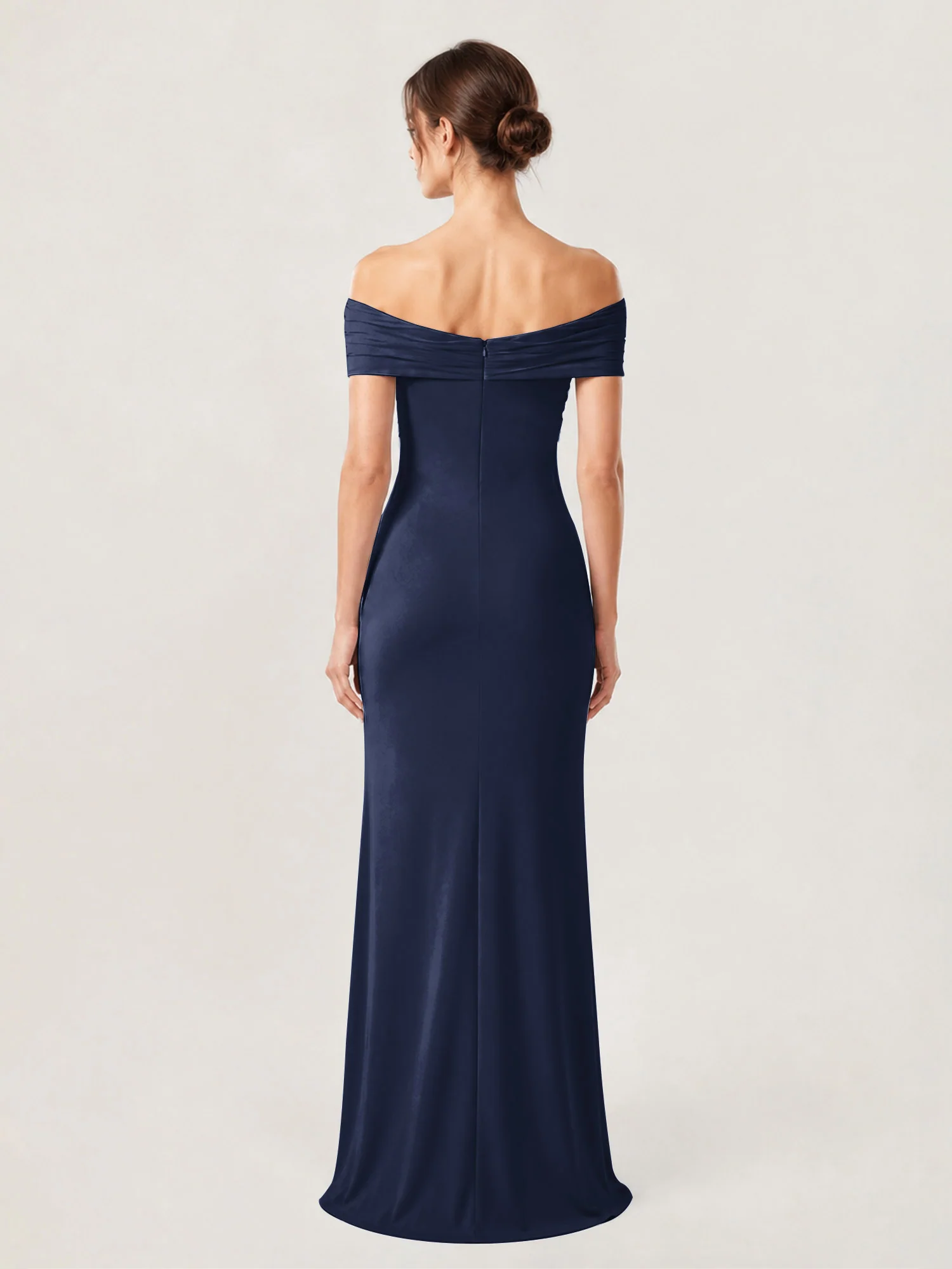 Crepe Off-the-Shoulder Column Gown with Ruched Bodice Dark Navy - Image 2