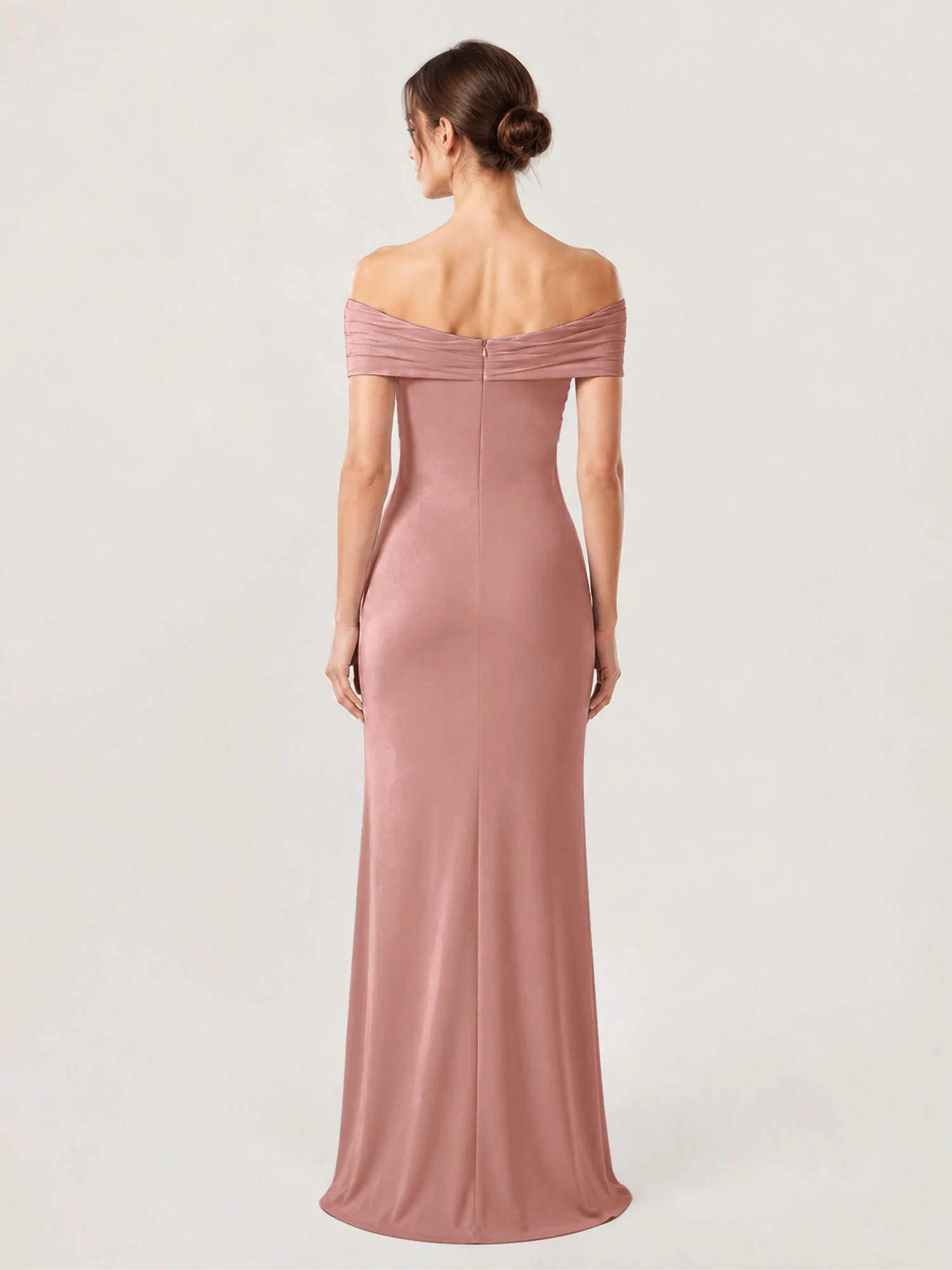 Crepe Off-the-Shoulder Column Gown with Ruched Bodice Dusty Rose - Image 2
