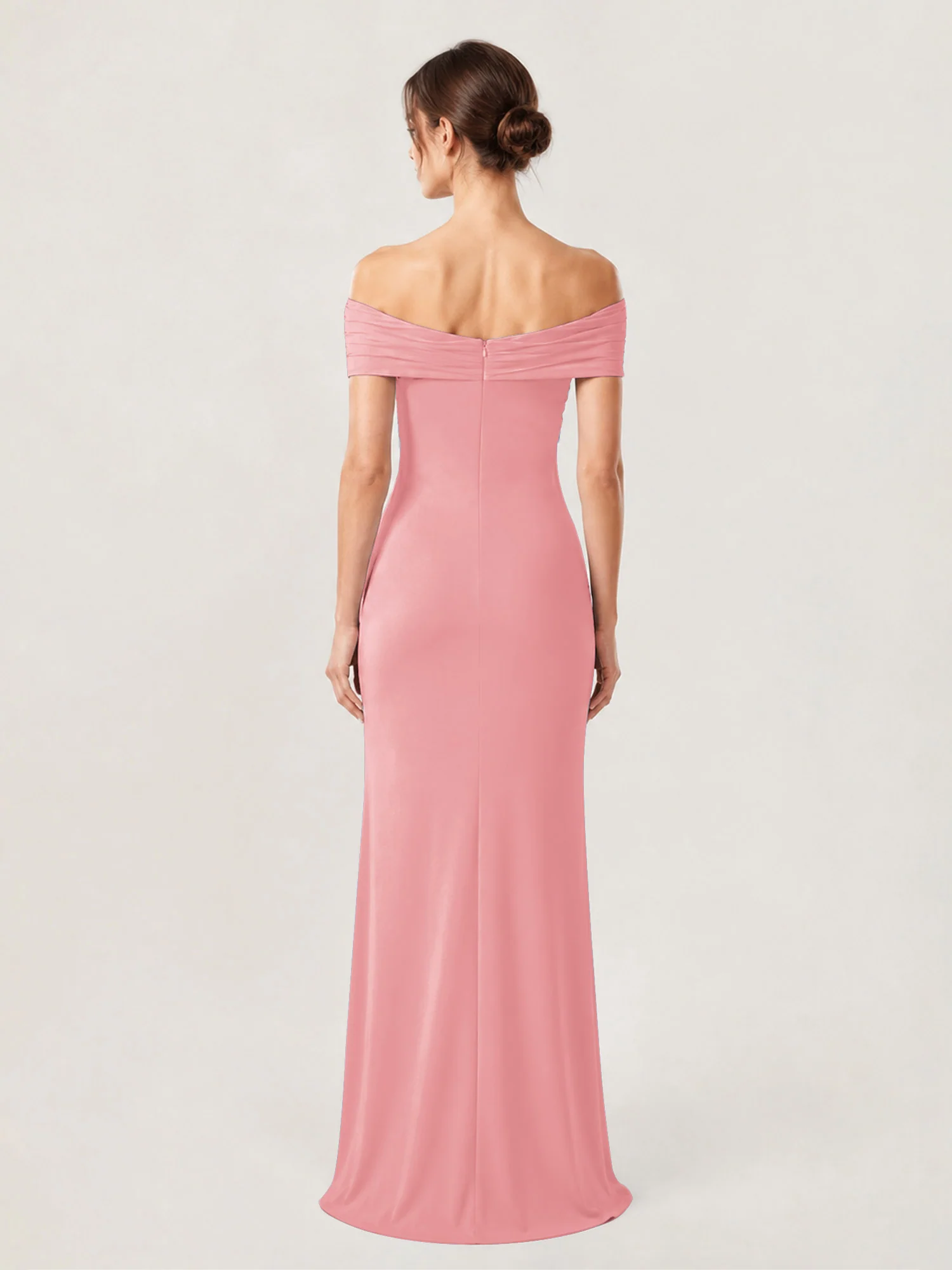 Crepe Off-the-Shoulder Column Gown with Ruched Bodice Flamingo - Image 2