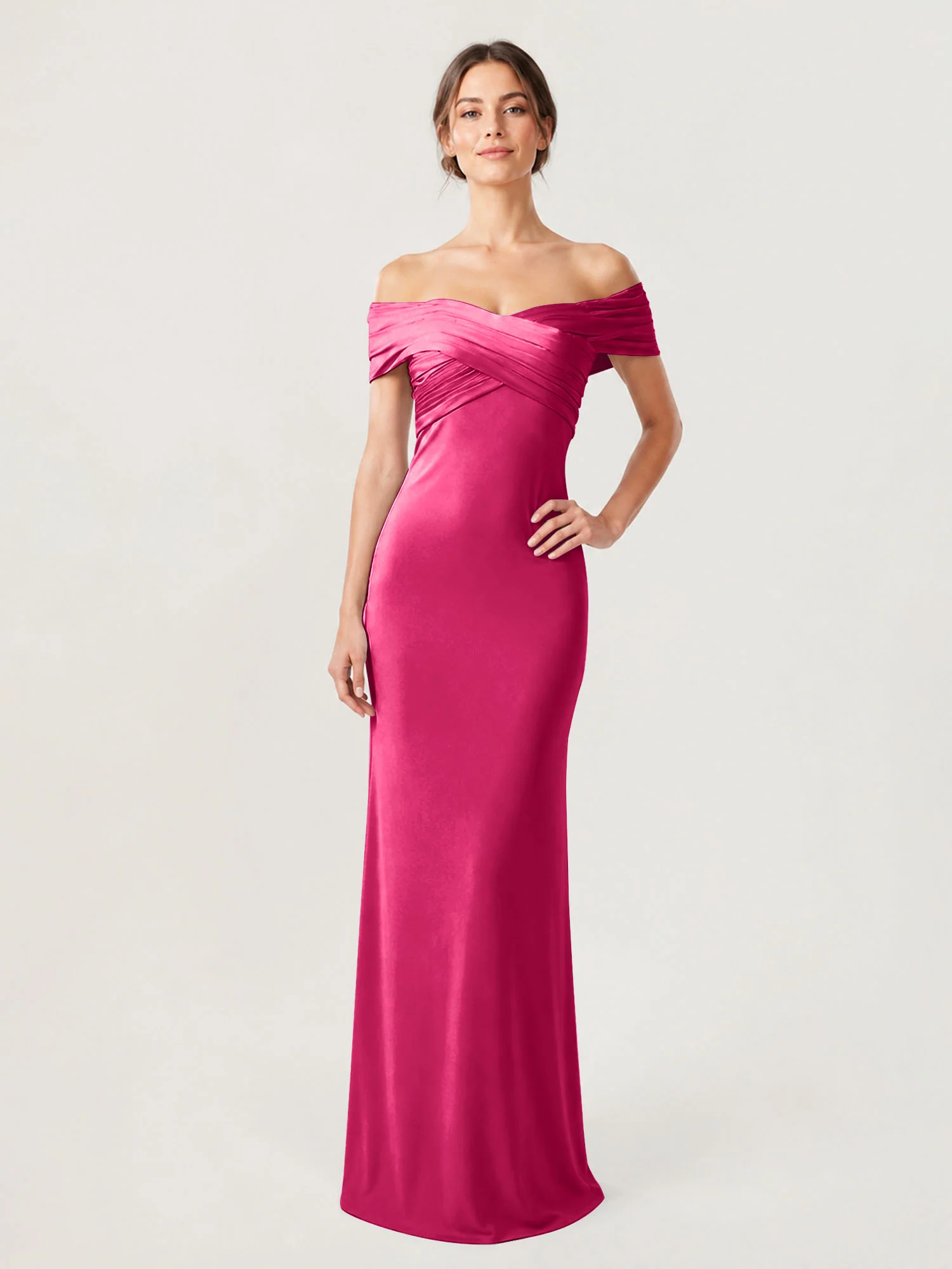 Crepe Off-the-Shoulder Column Gown with Ruched Bodice Fuchsia